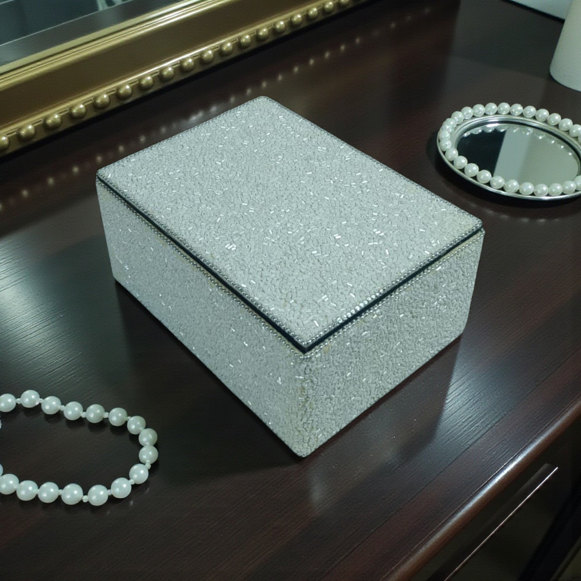 Silver Beaded Rectangular Jewelry Box
