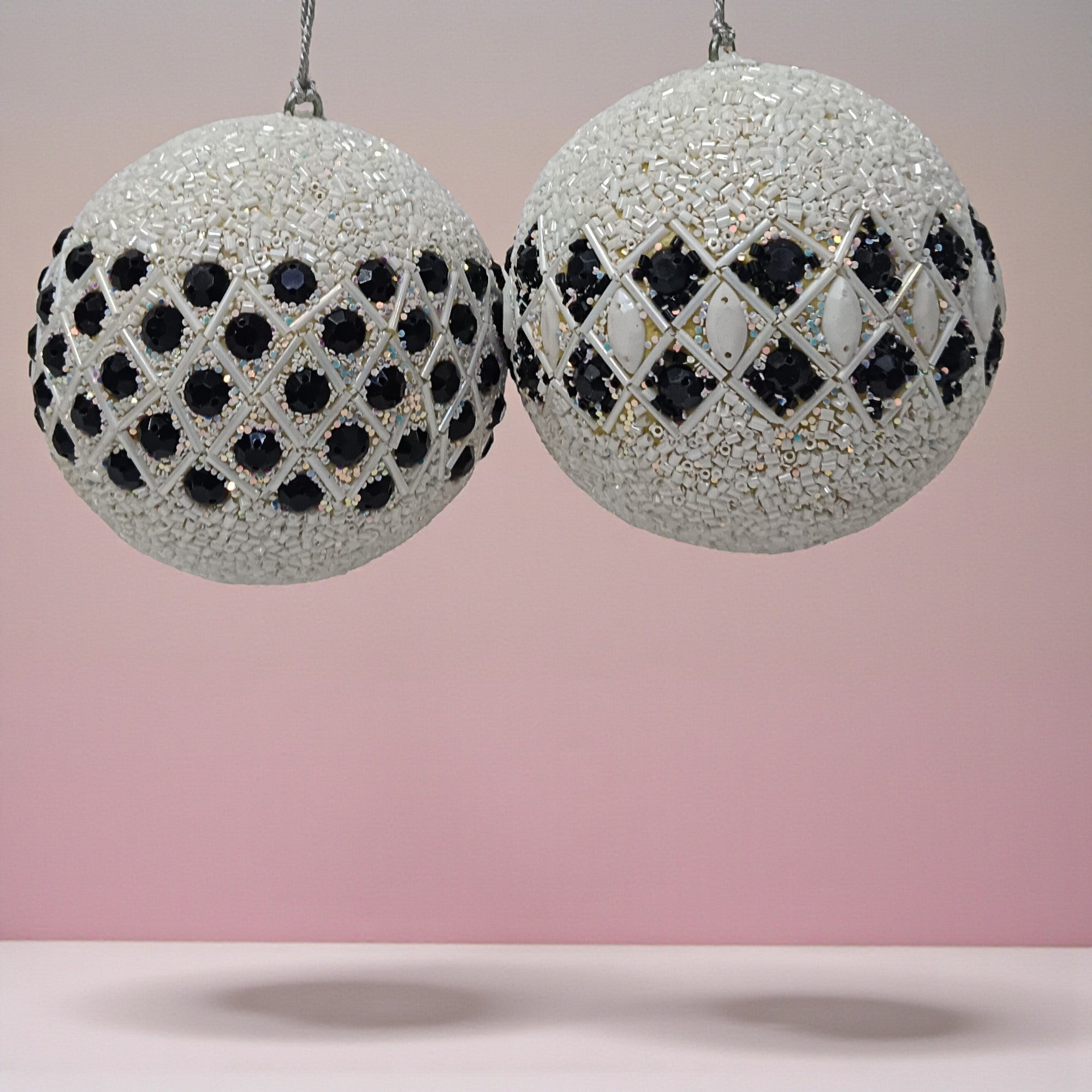 Set of 2 Glitter Beaded Balls Christmas Hangings