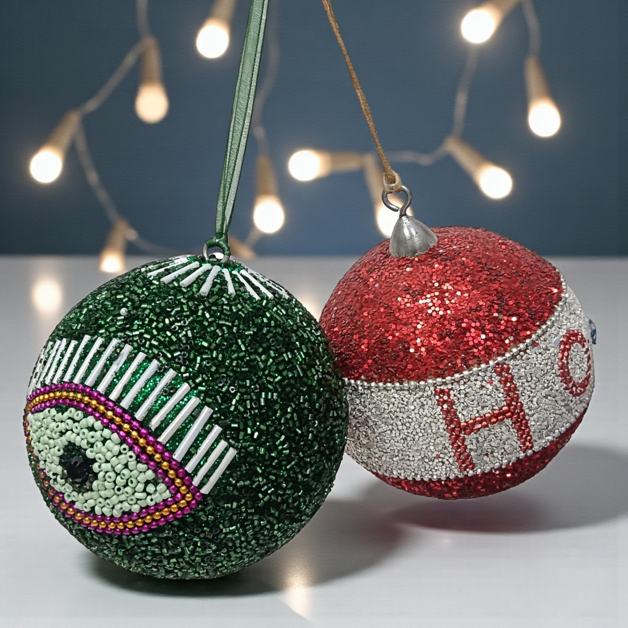 Set of 2 Glitter Beaded Balls Christmas Hangings