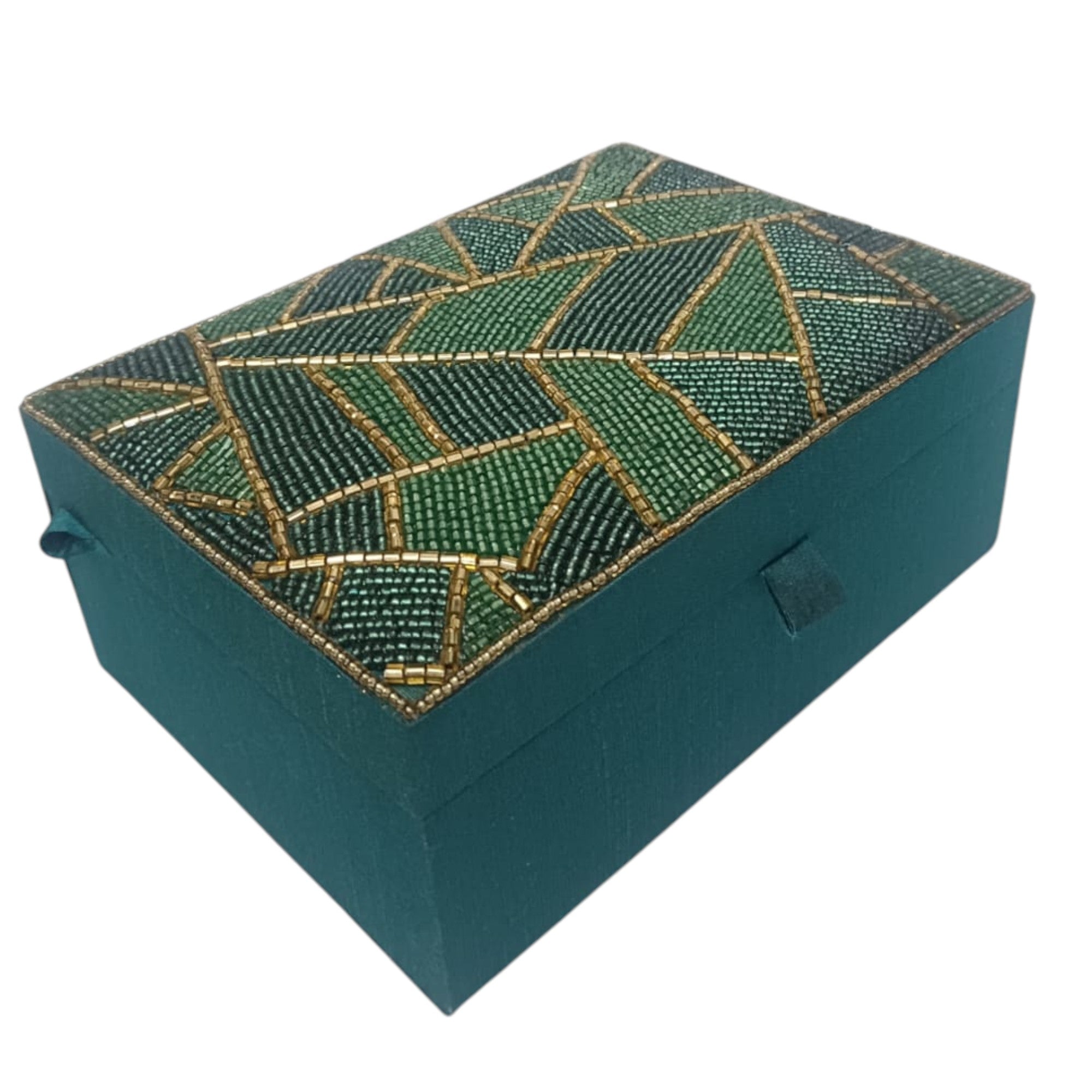 Dark Green Fabric Jewelry Box with Golden Beaded Pattern