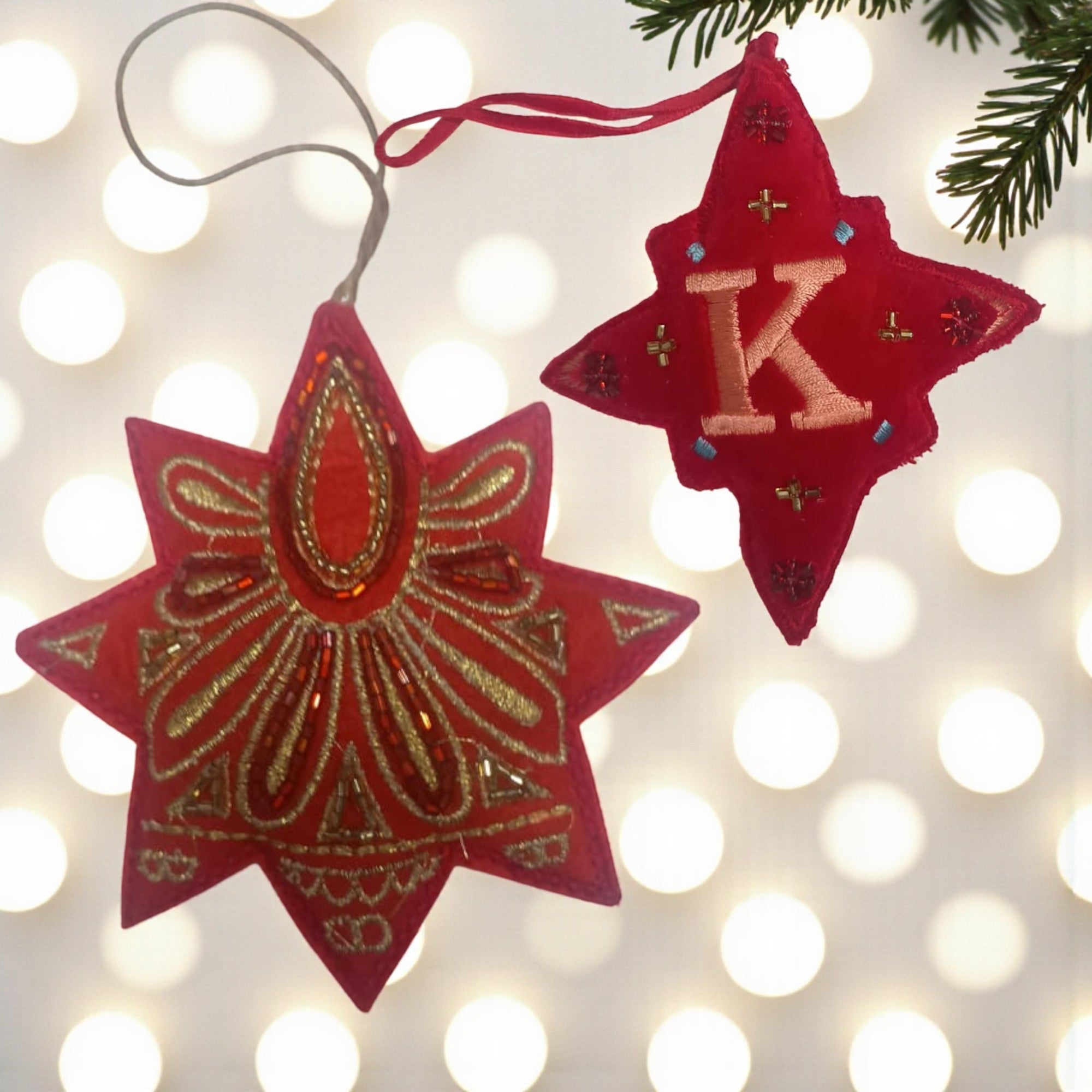  Set of 2 Embroided Star Shaped Christmas Ornament Tree Hanging 
