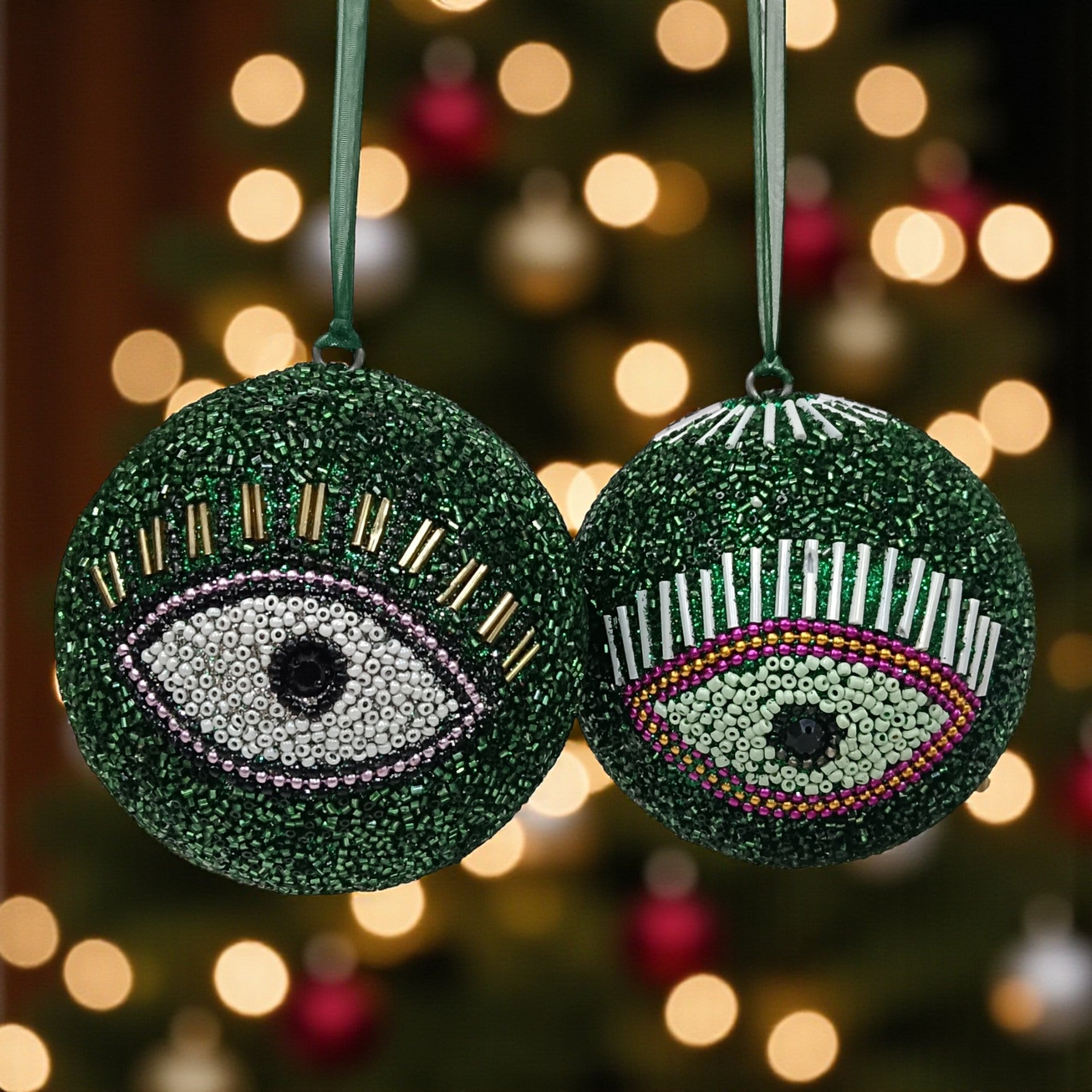 Set of 2 Glitter Eye Design Beaded Balls Christmas Hangings
