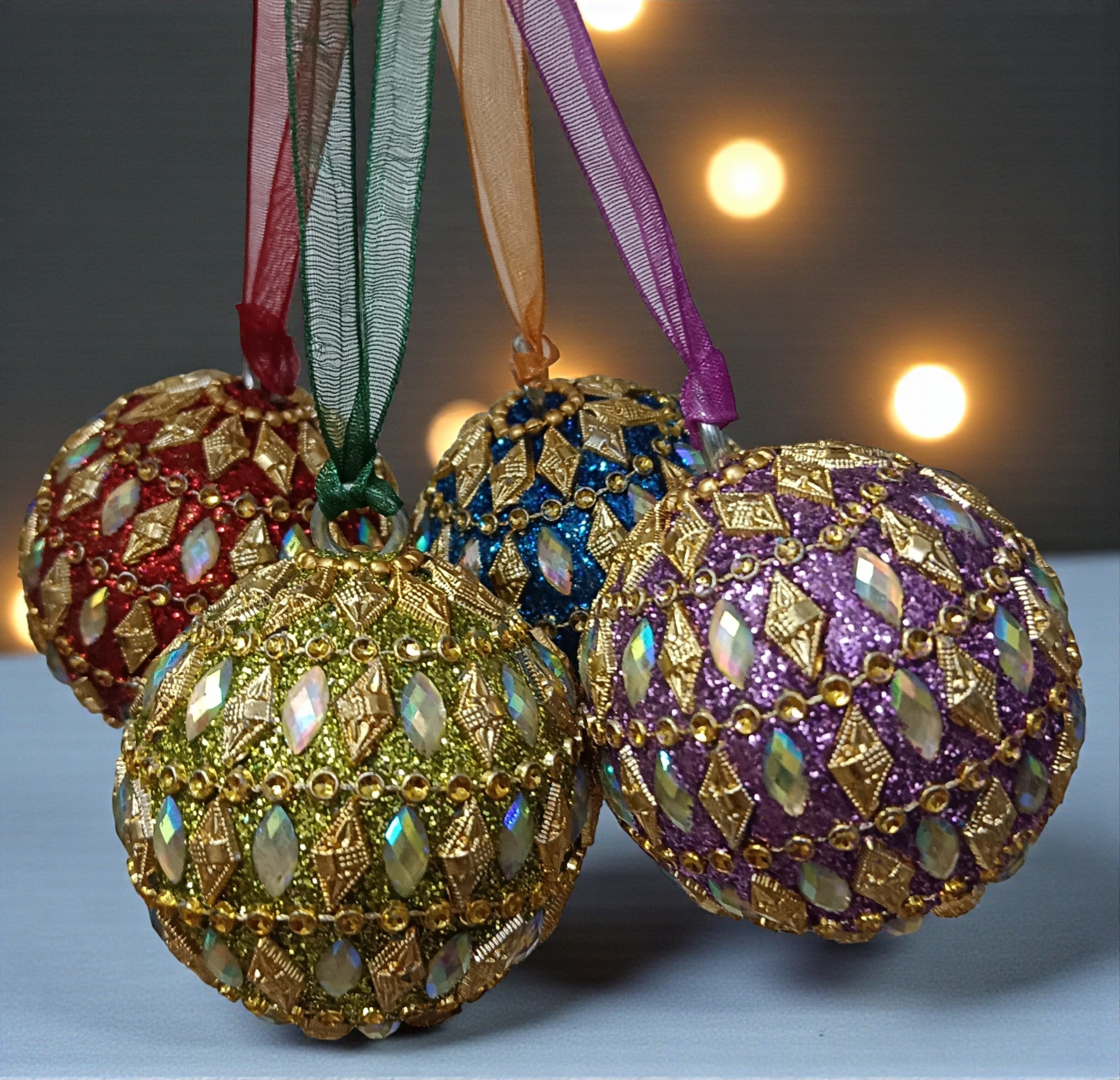 Set of 4 Glitter Beaded Balls Christmas Hangings