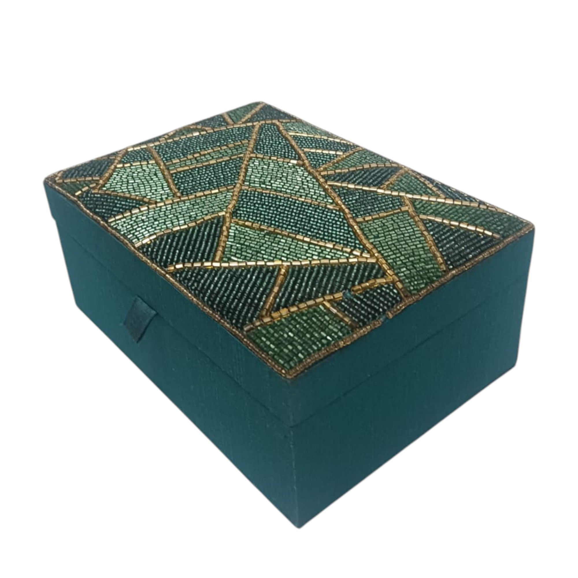 Dark Green Fabric Jewelry Box with Golden Beaded Pattern