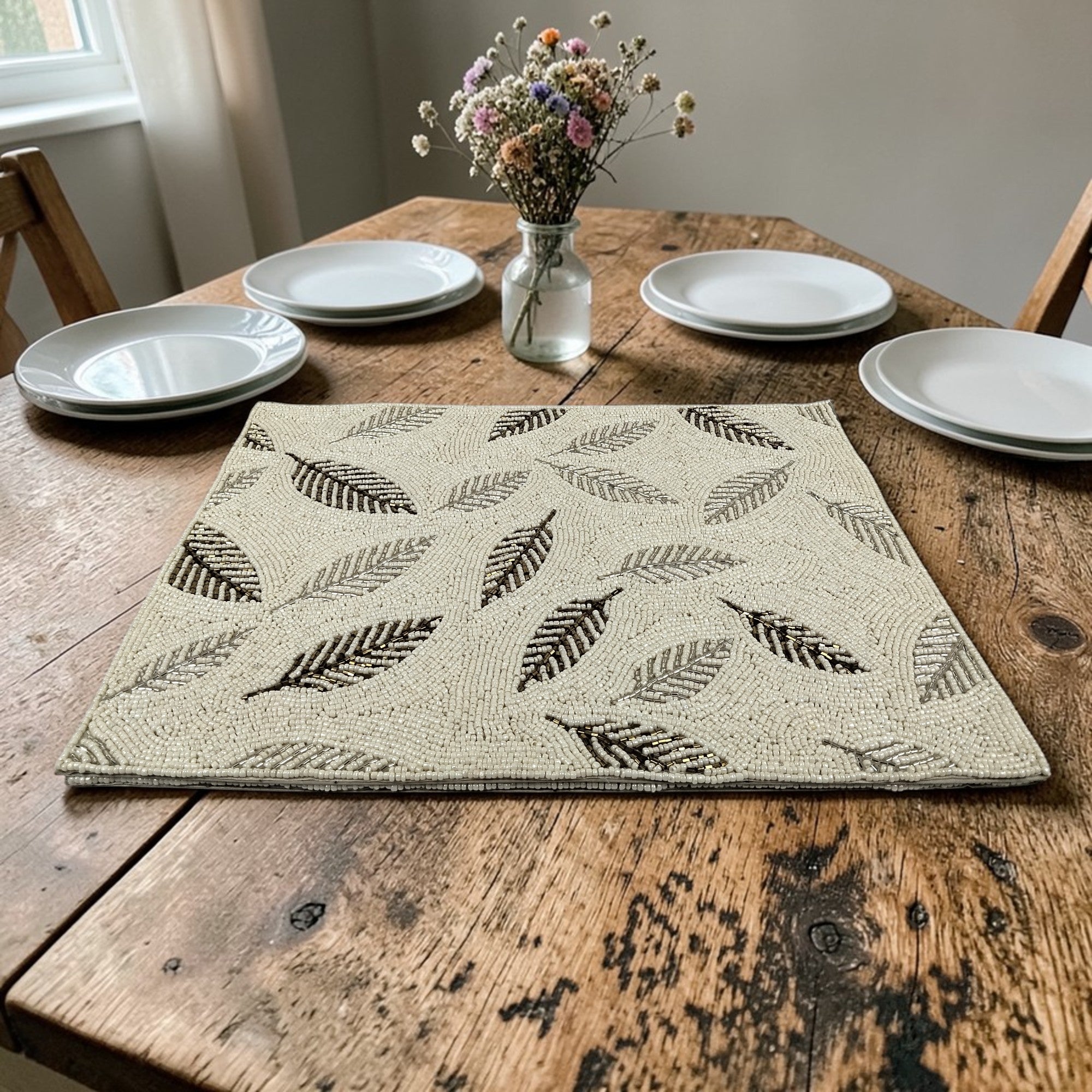 Leaf Design Beaded Rectangular Placemats Set of Two