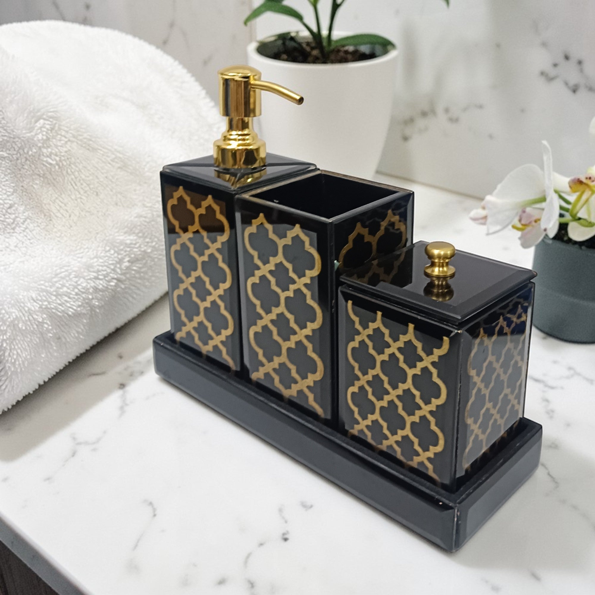  Designer Black & Gold 4-Pieces Bathroom Accessory Set 