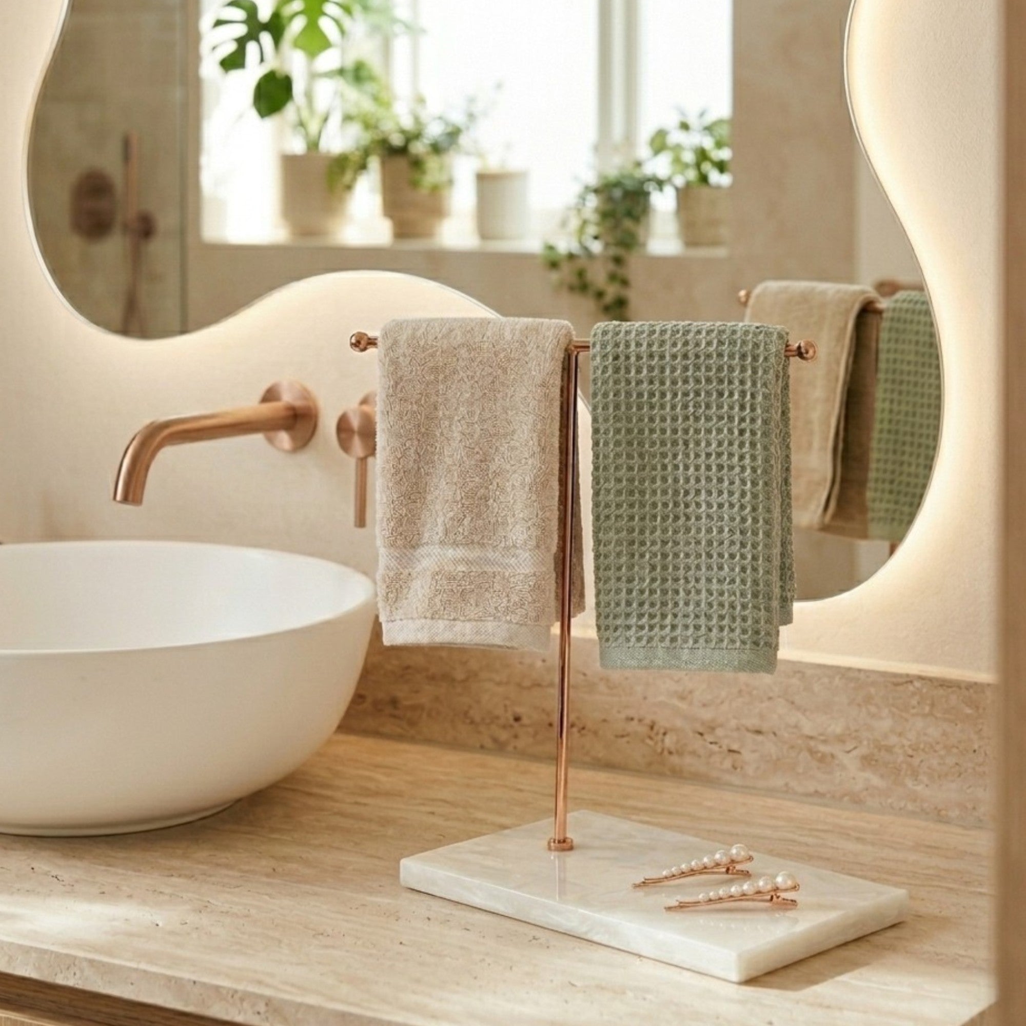 Premium Rose Gold Hand Towel Stand with Black White Resin Marble Base