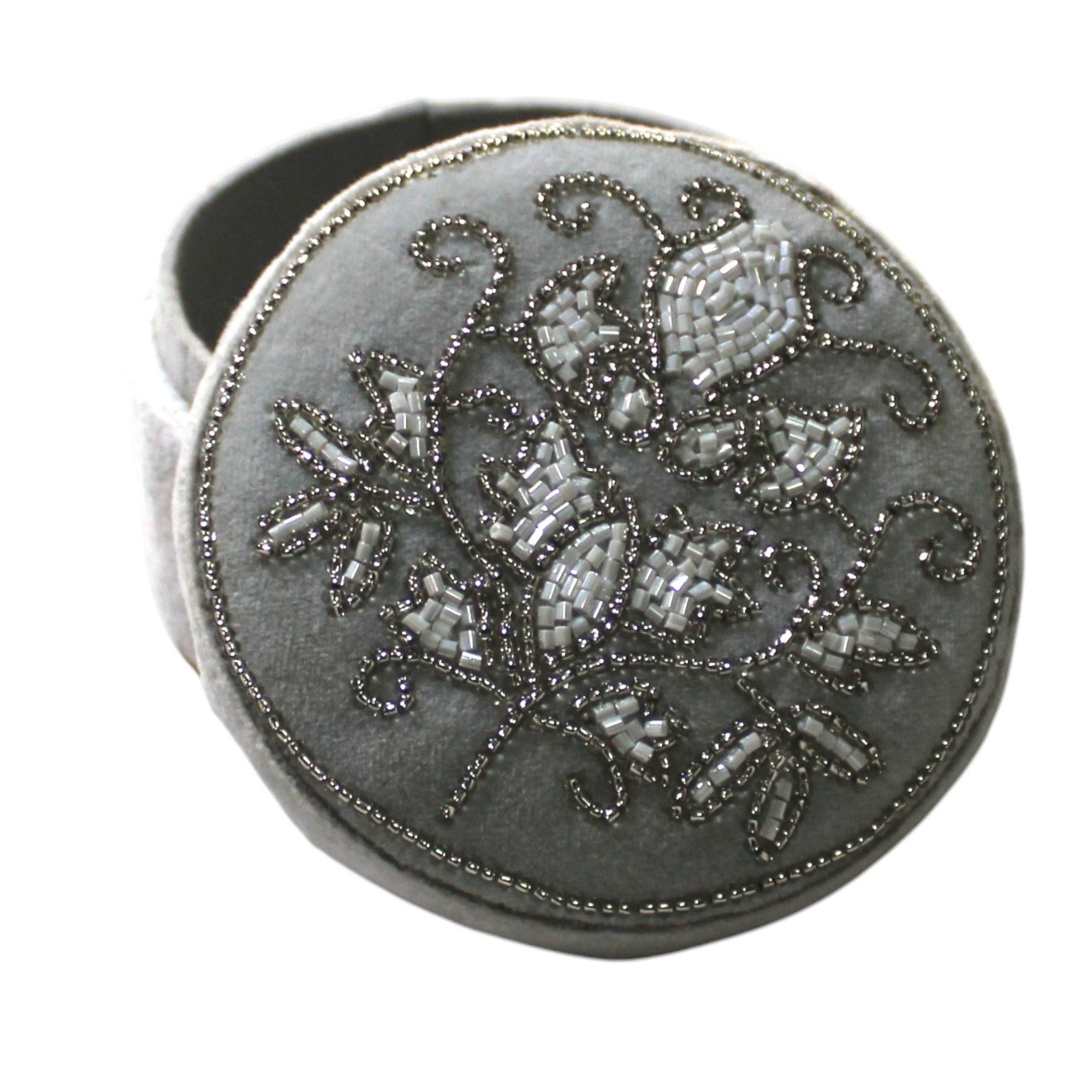 Hand-Beaded Floral Velvet Jewelry Box â€“ Dove Grey & Silver