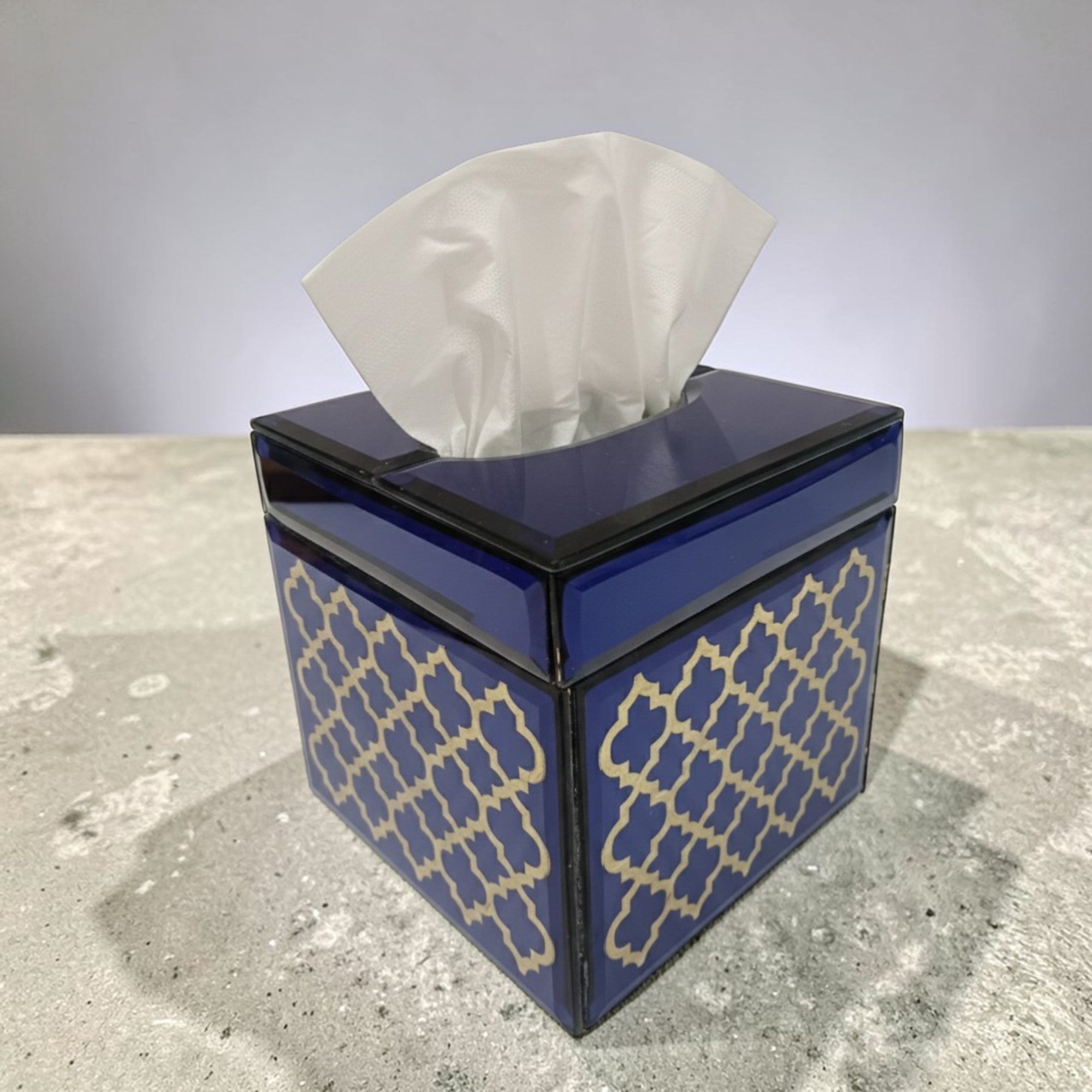 Premium Designer Blue Glass with Gold Work Square Tissue Box for Bathrooms