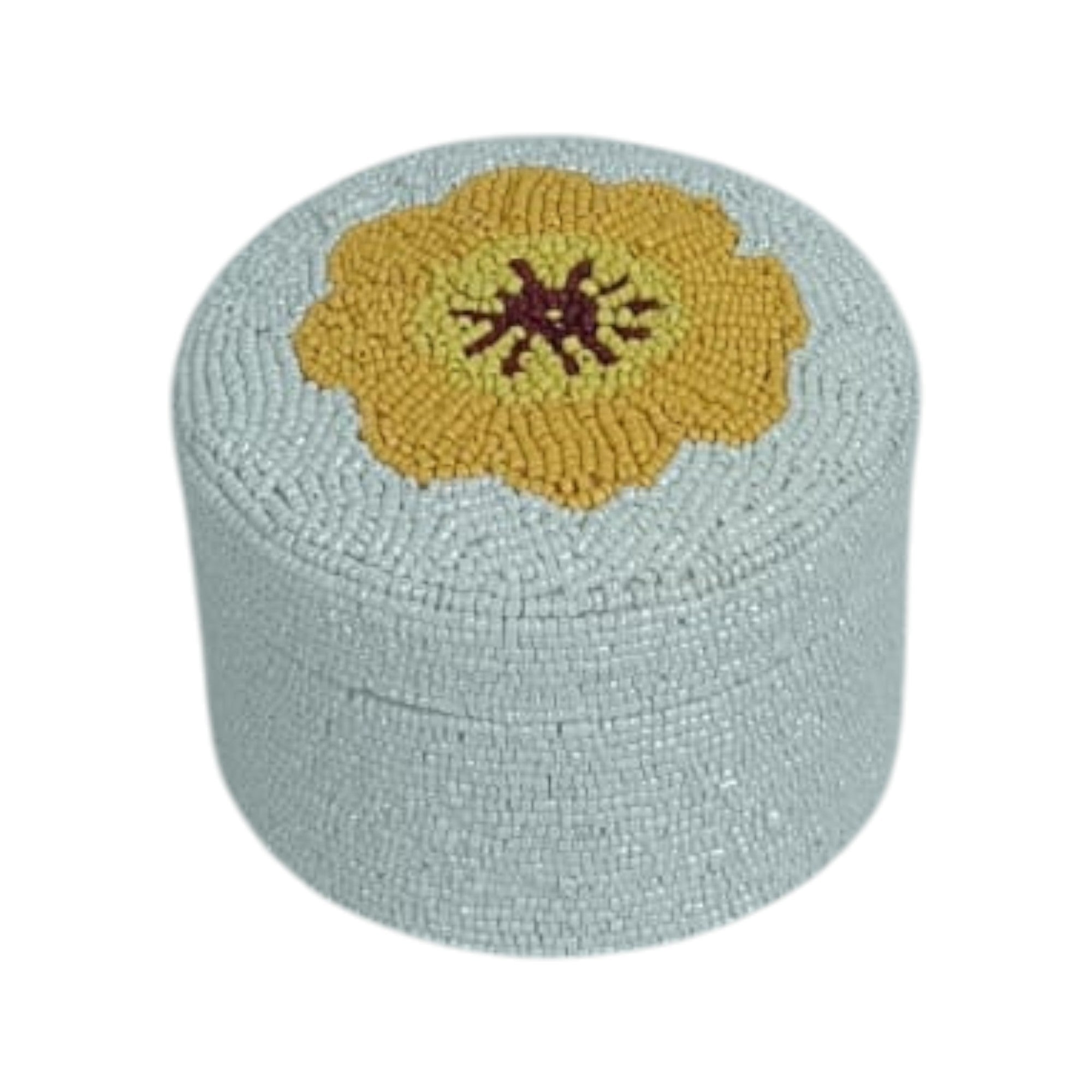 Hand-Beaded Round Jewelry Box with Yellow Sunflower Motif and White Seed Beads