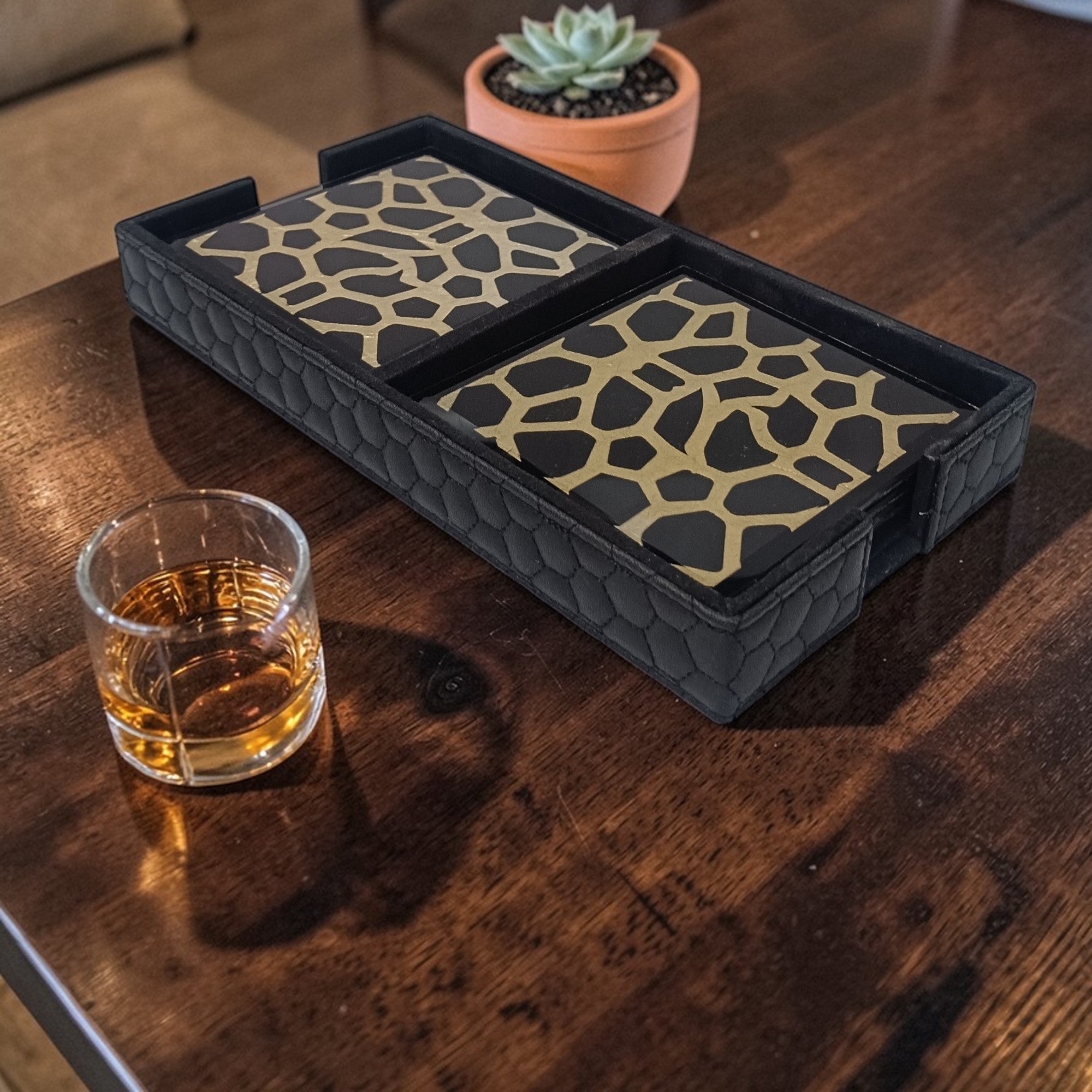  Designer Black & Gold Glass Coaster with Leatherite Caddy Tray Set of 8 