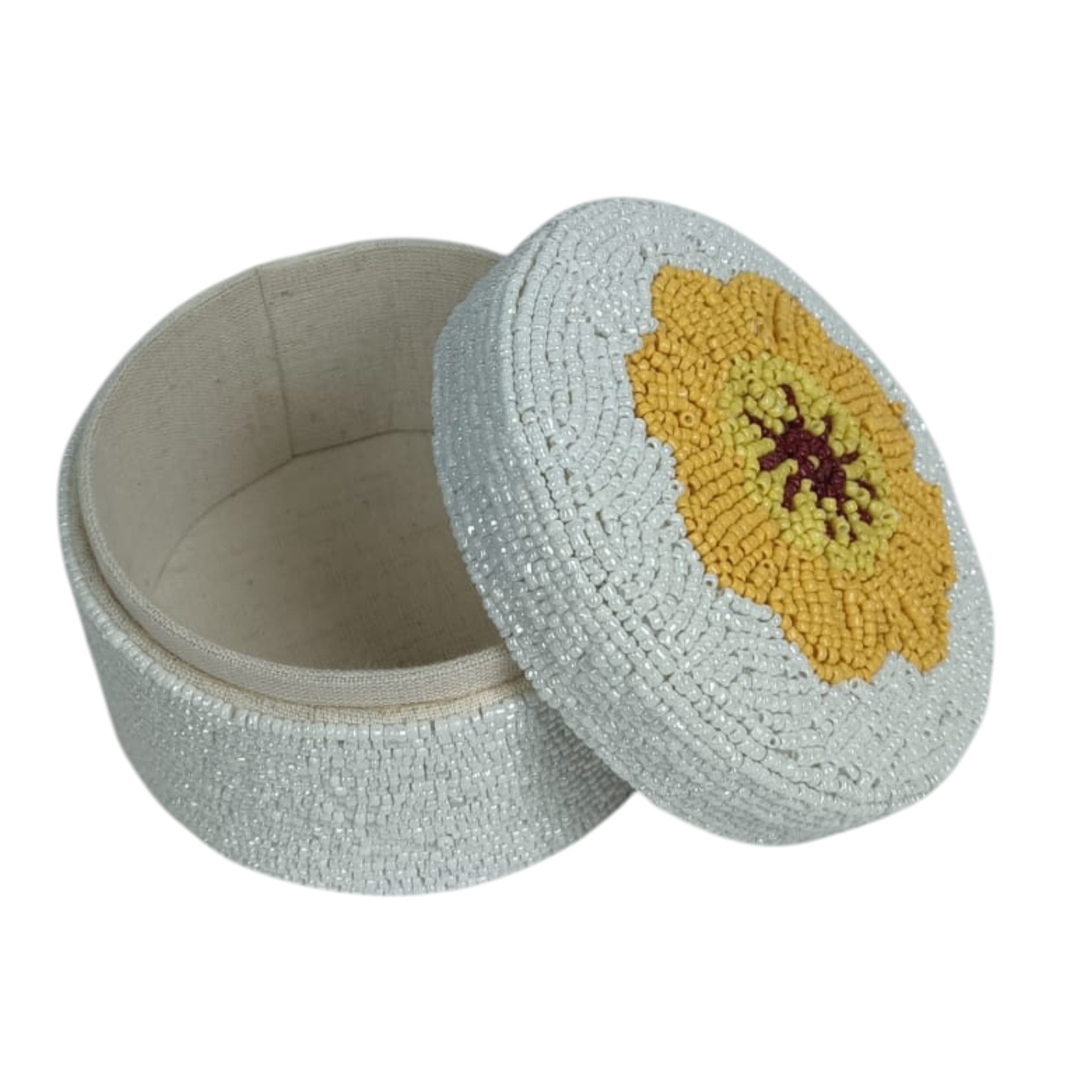 Hand-Beaded Round Jewelry Box with Yellow Sunflower Motif and White Seed Beads