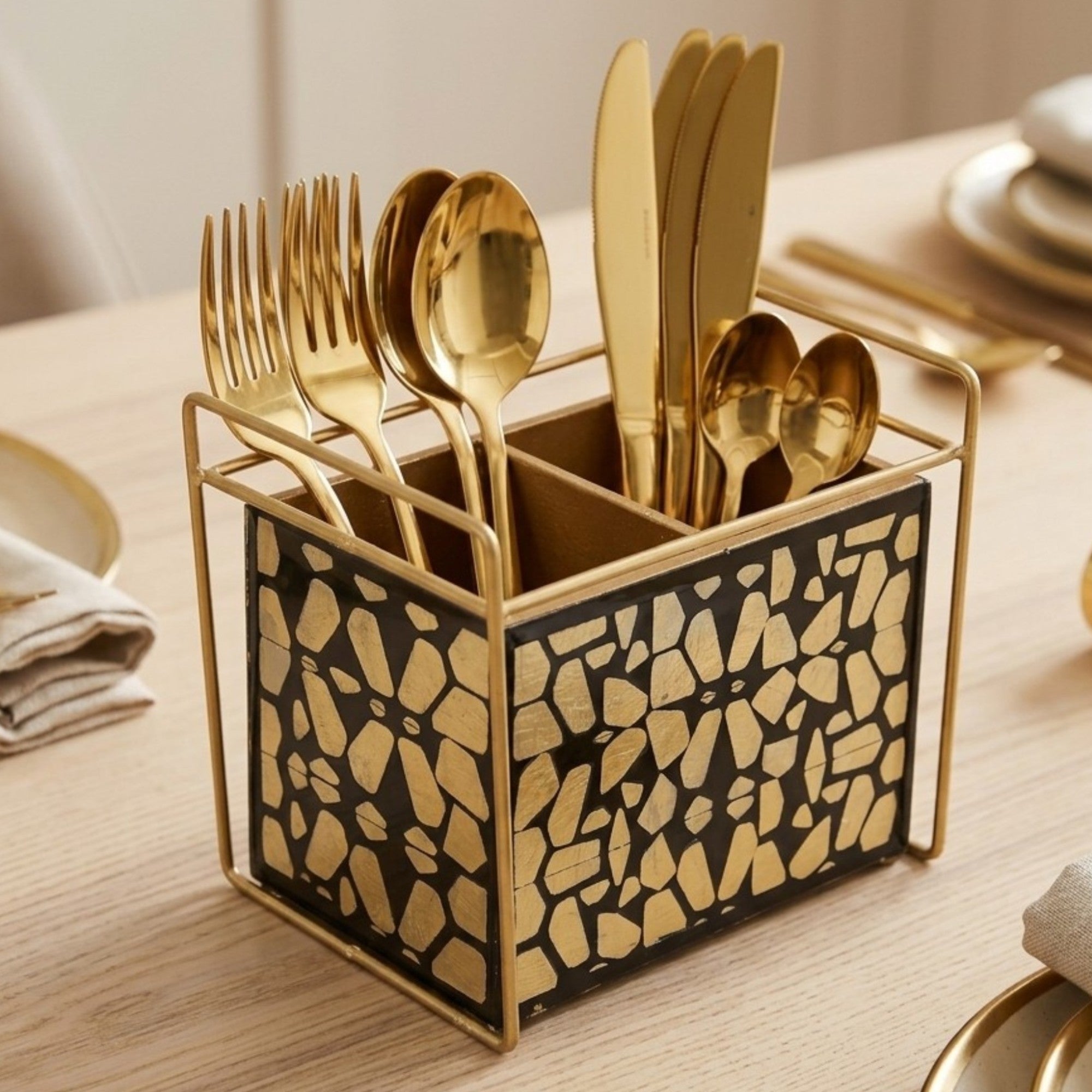 Luxury Designer Black & Gold Glass Cutlery Holder with Two Partition