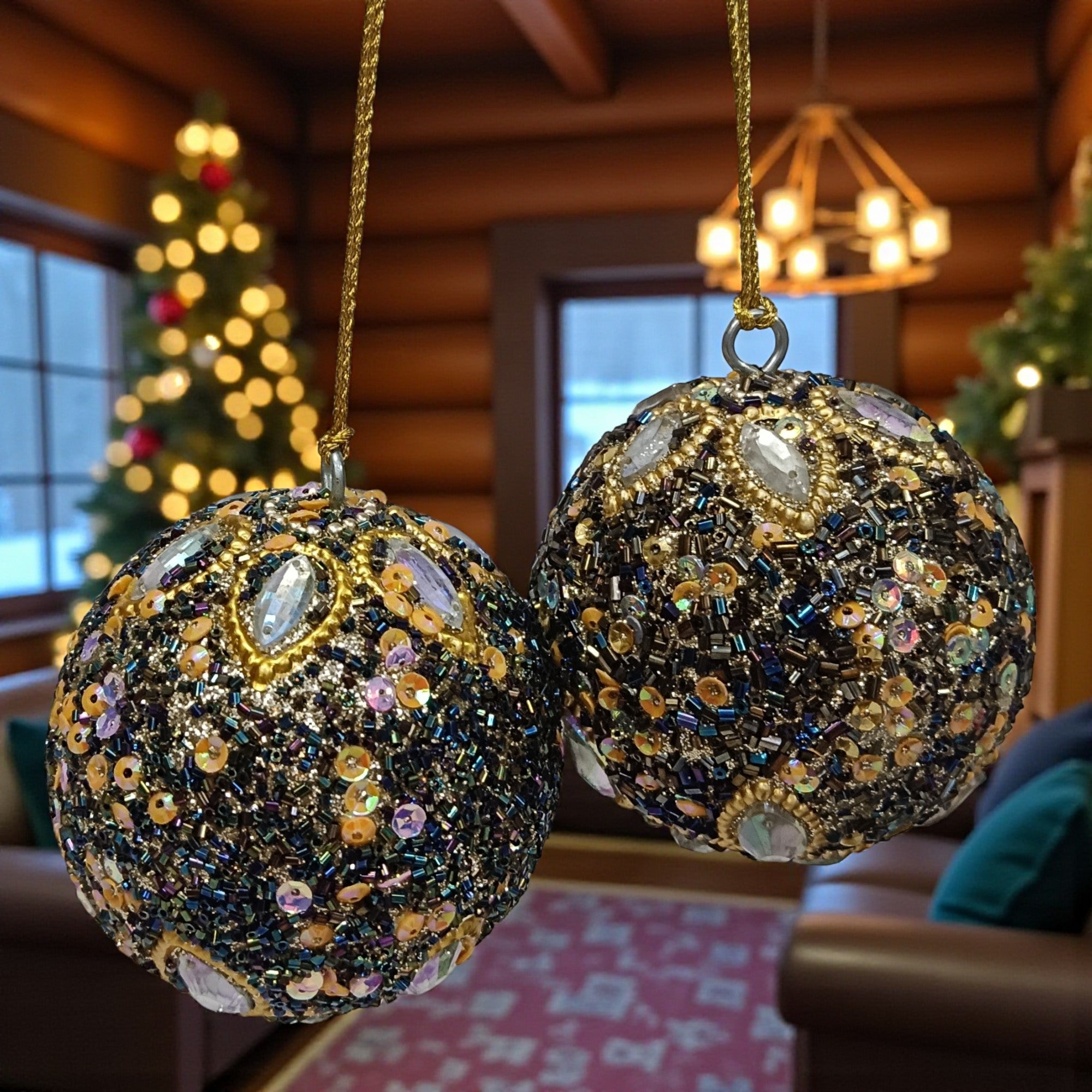 Set of 2 Glitters / Beaded  Balls Christmas Hangings