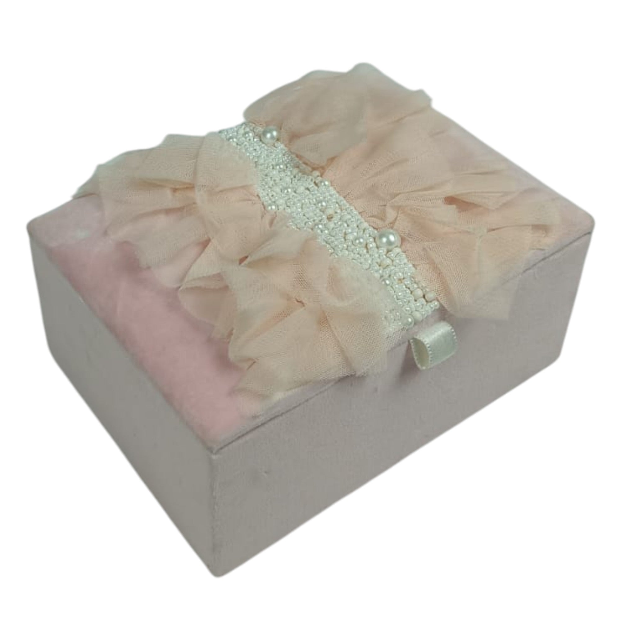 Blush Pink Velvet Jewelry Box with Tulle Ruffle and Pearl Embellishments