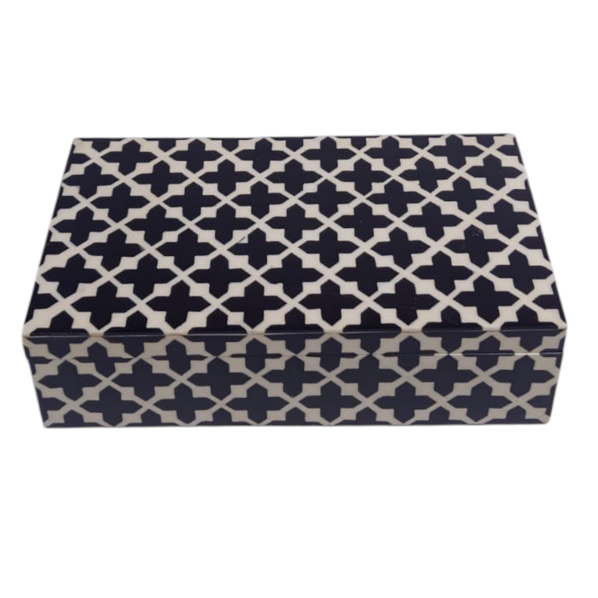Geometric Lattice Storage Box - Black and Cream Bone Inlay Style