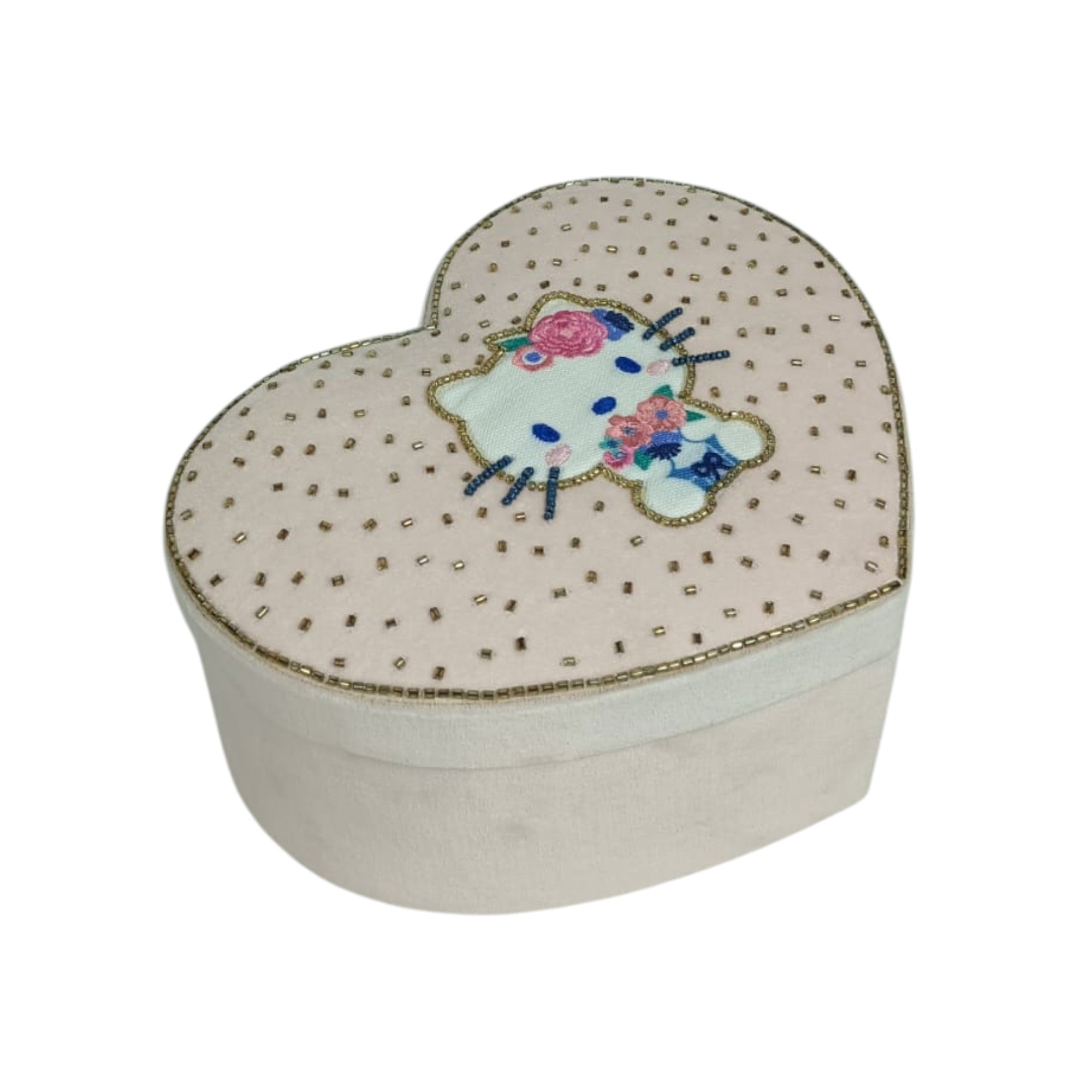 Heart-Shaped Hello Kitty Embroidered Jewelry Box with Ring Rolls