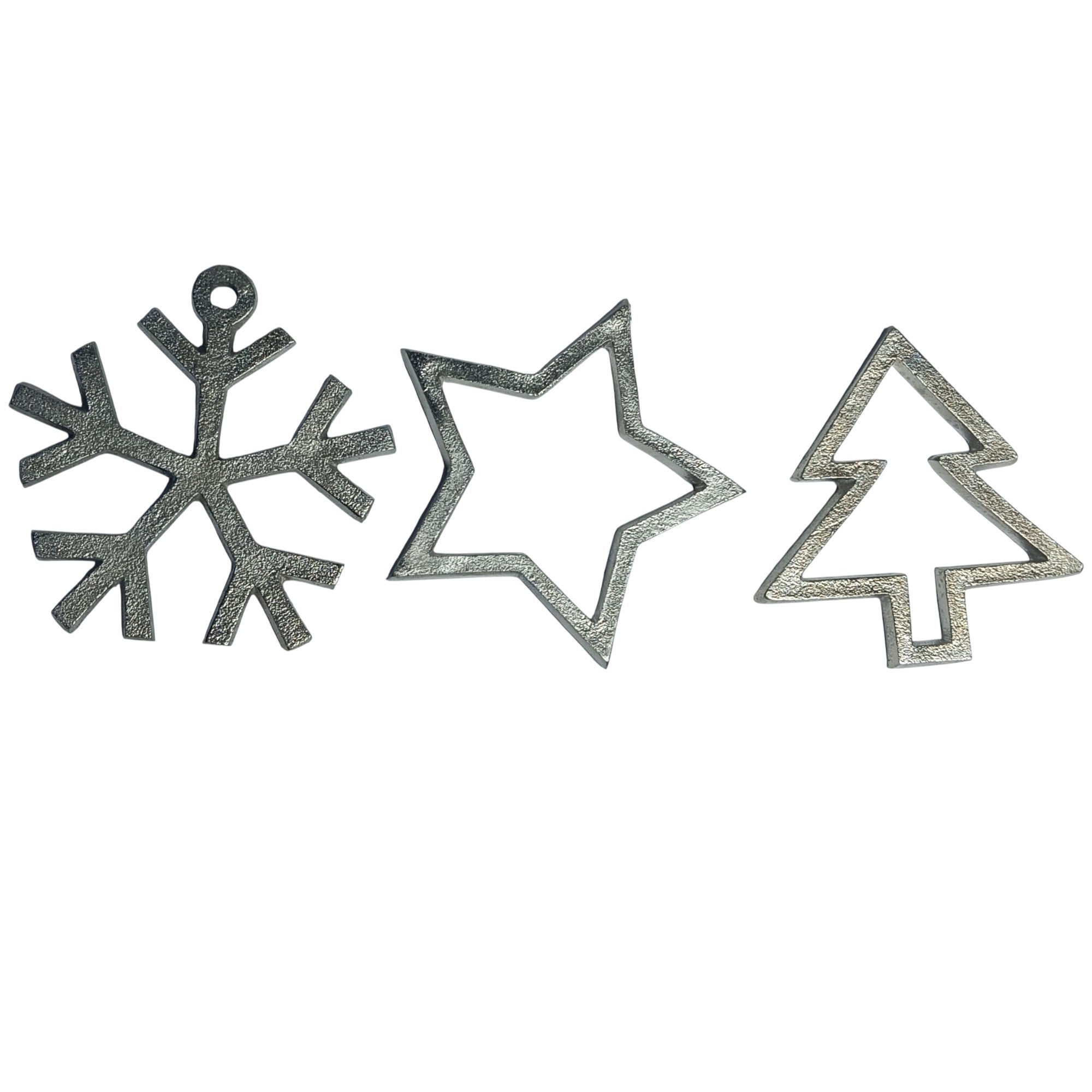  Set of 3 Silver Metal "Star / Snowflake / Tree " Hanging Christmas Ornaments 