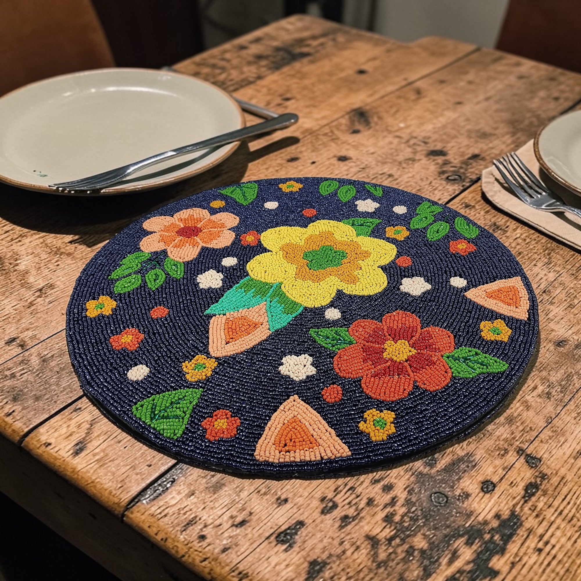 Round Beaded Floral Placemats Set of Two ( BLUE / MULTI)