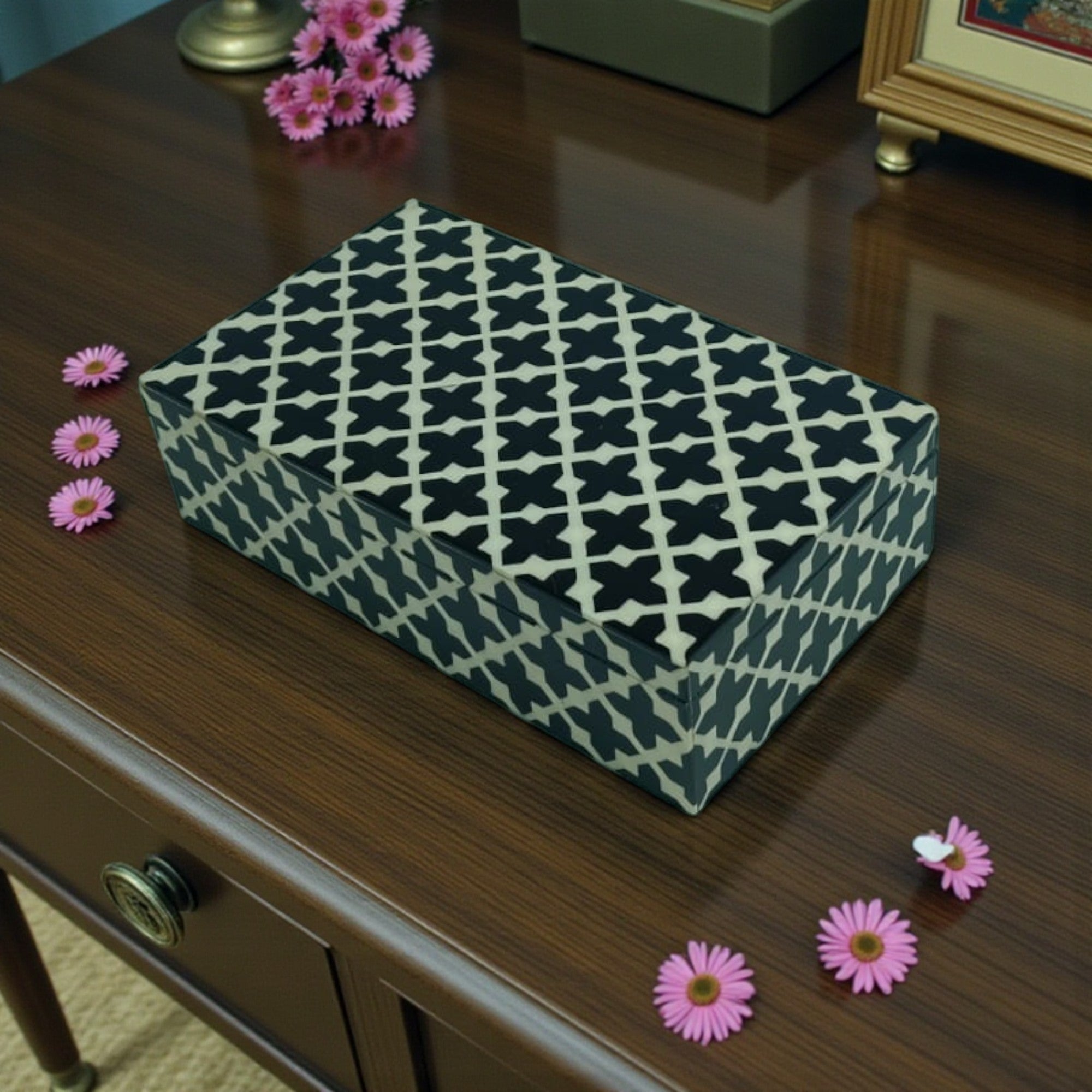 Geometric Lattice Storage Box - Black and Cream Bone Inlay Style