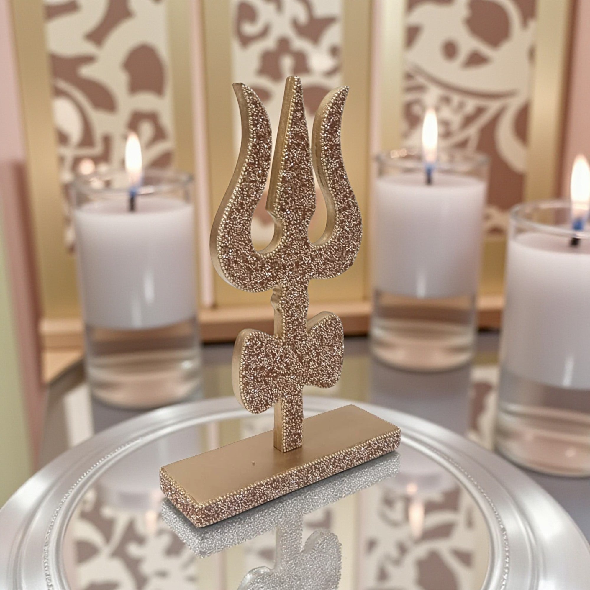  Decorative Lord Shiva Trishul with Glitter, Golden Color, Religious Table Décor (7*2*11 Inch) 