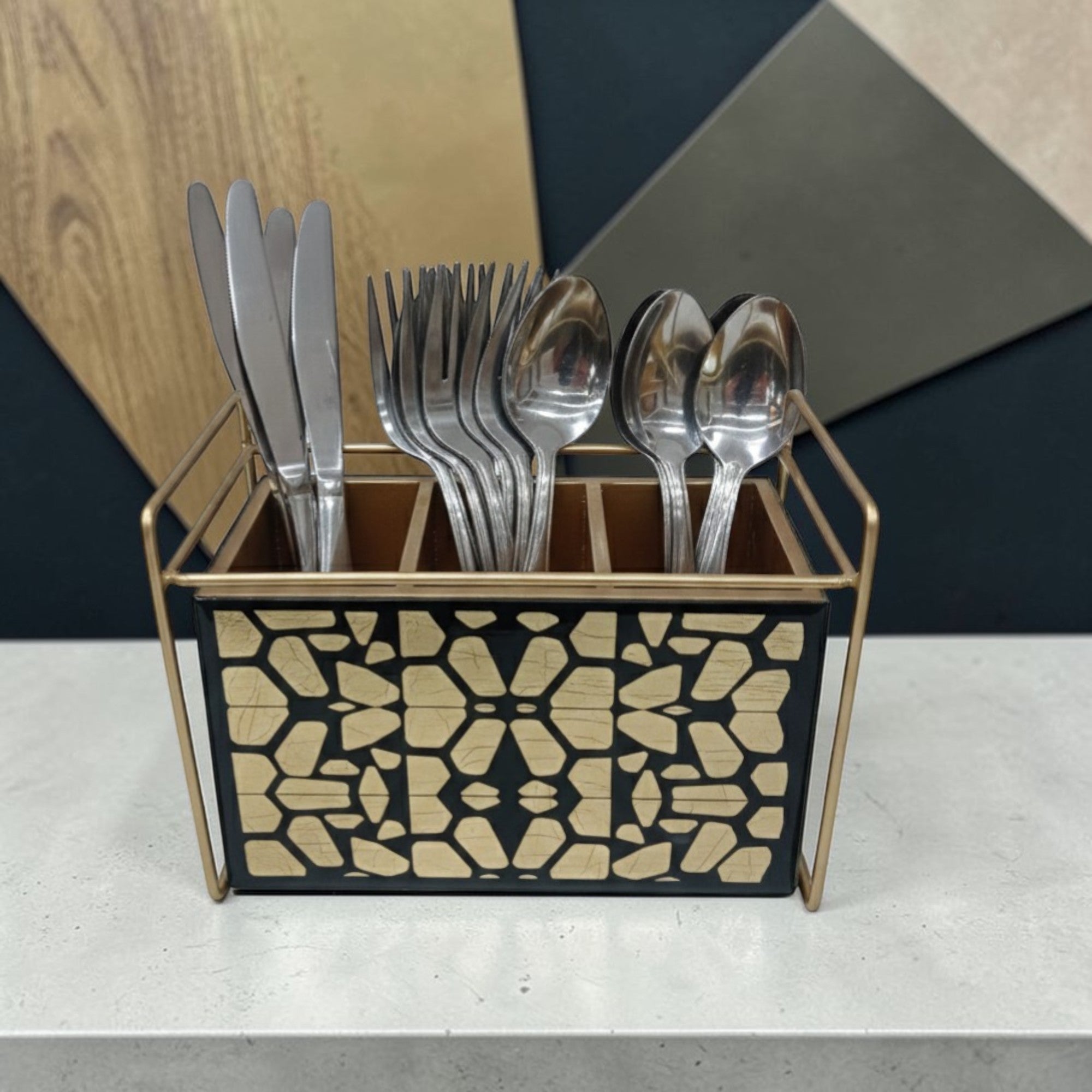Luxury Designer Black & Gold Glass Cutlery Holder with Three Partition