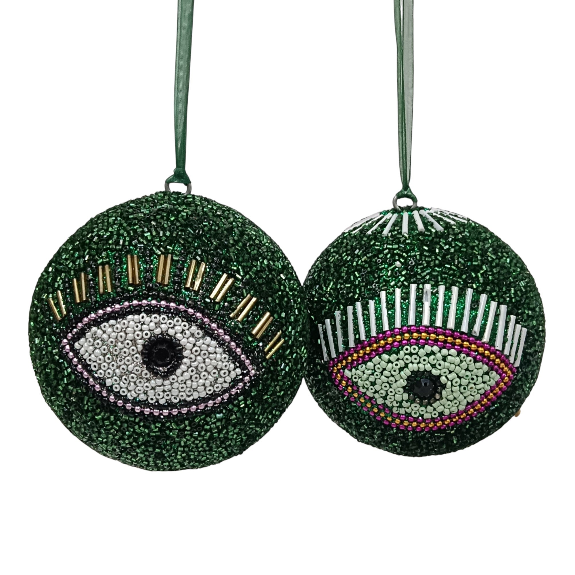 Set of 2 Glitter Eye Design Beaded Balls Christmas Hangings
