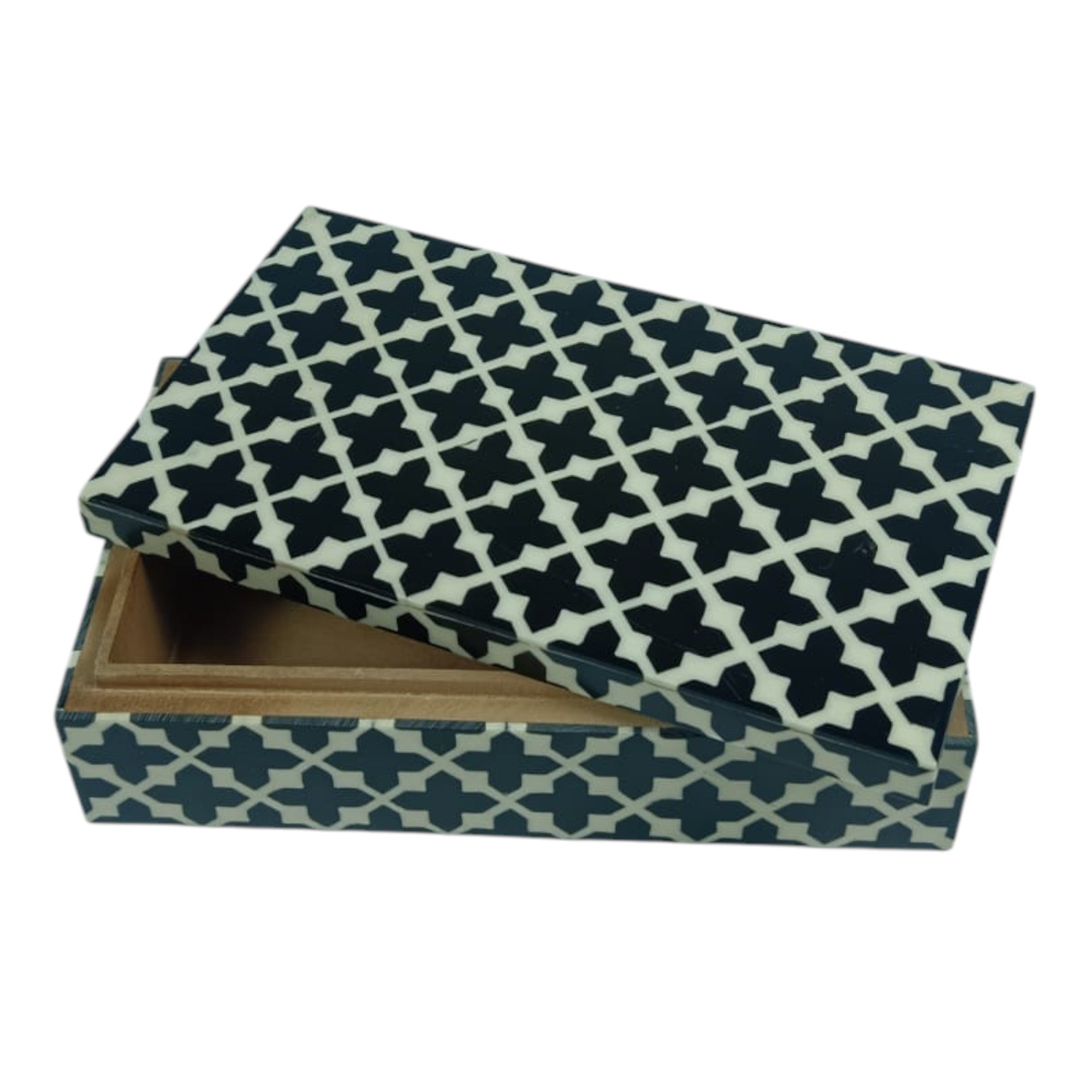 Geometric Lattice Storage Box - Black and Cream Bone Inlay Style