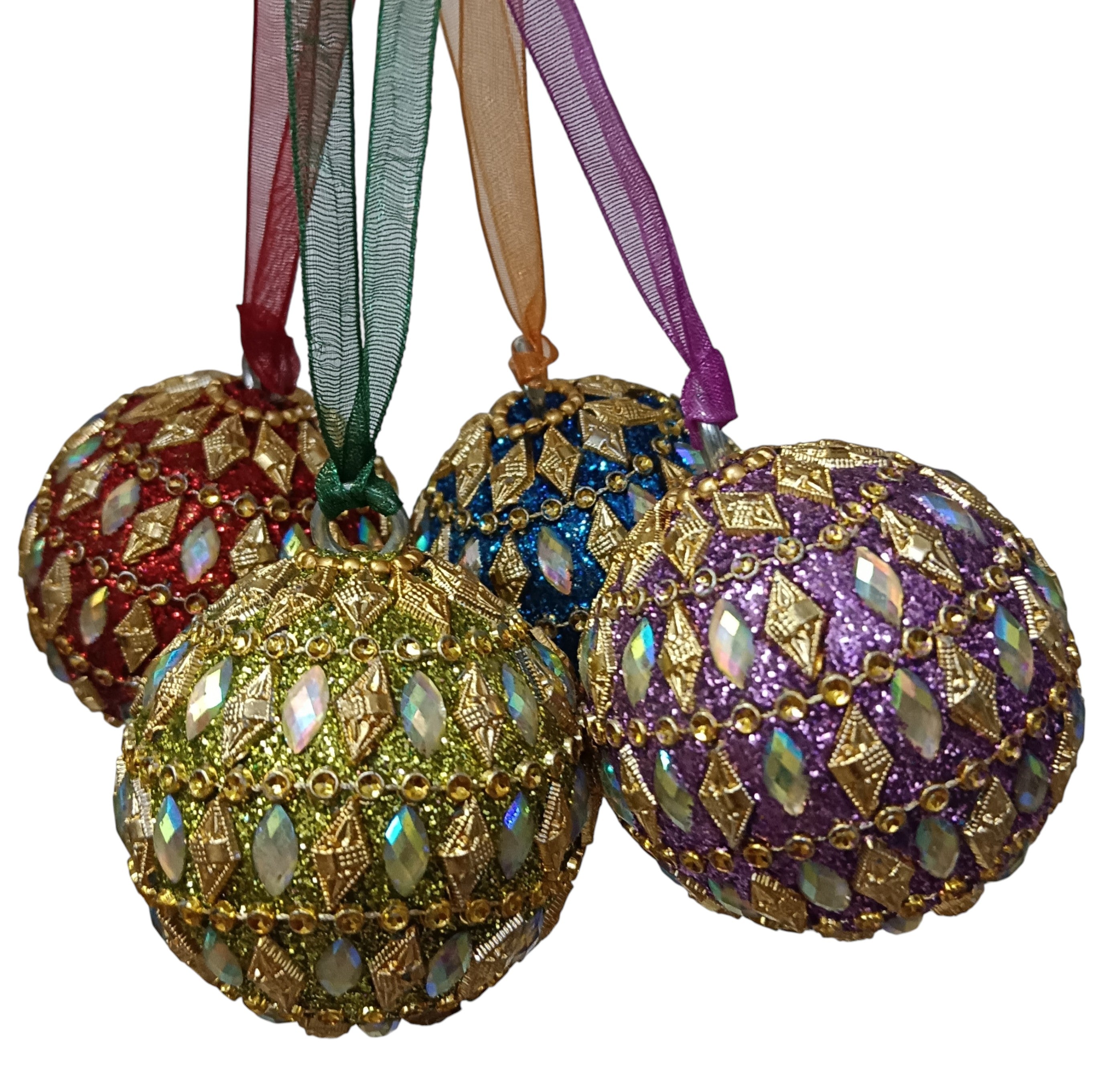 Set of 4 Glitter Beaded Balls Christmas Hangings