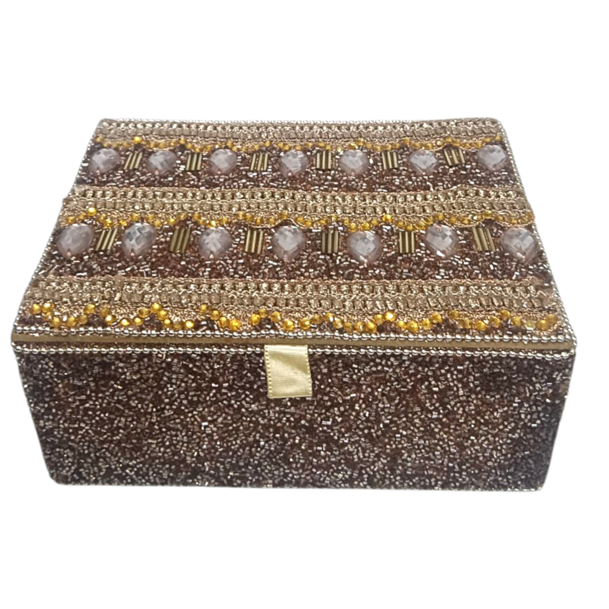 Sparkling Brown Jewelry Box with Pink Crystals and Gold Bead Patterns