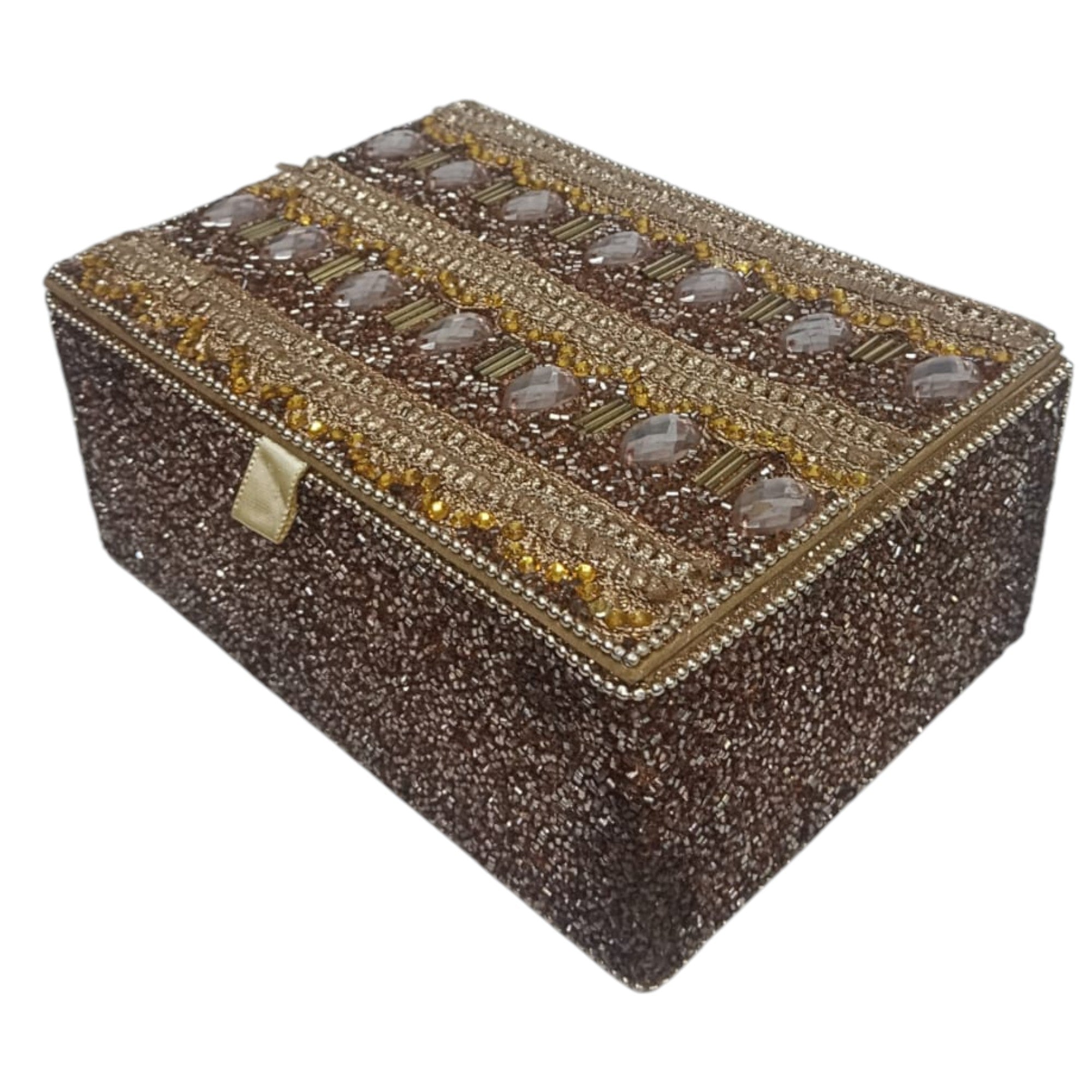 Sparkling Brown Jewelry Box with Pink Crystals and Gold Bead Patterns