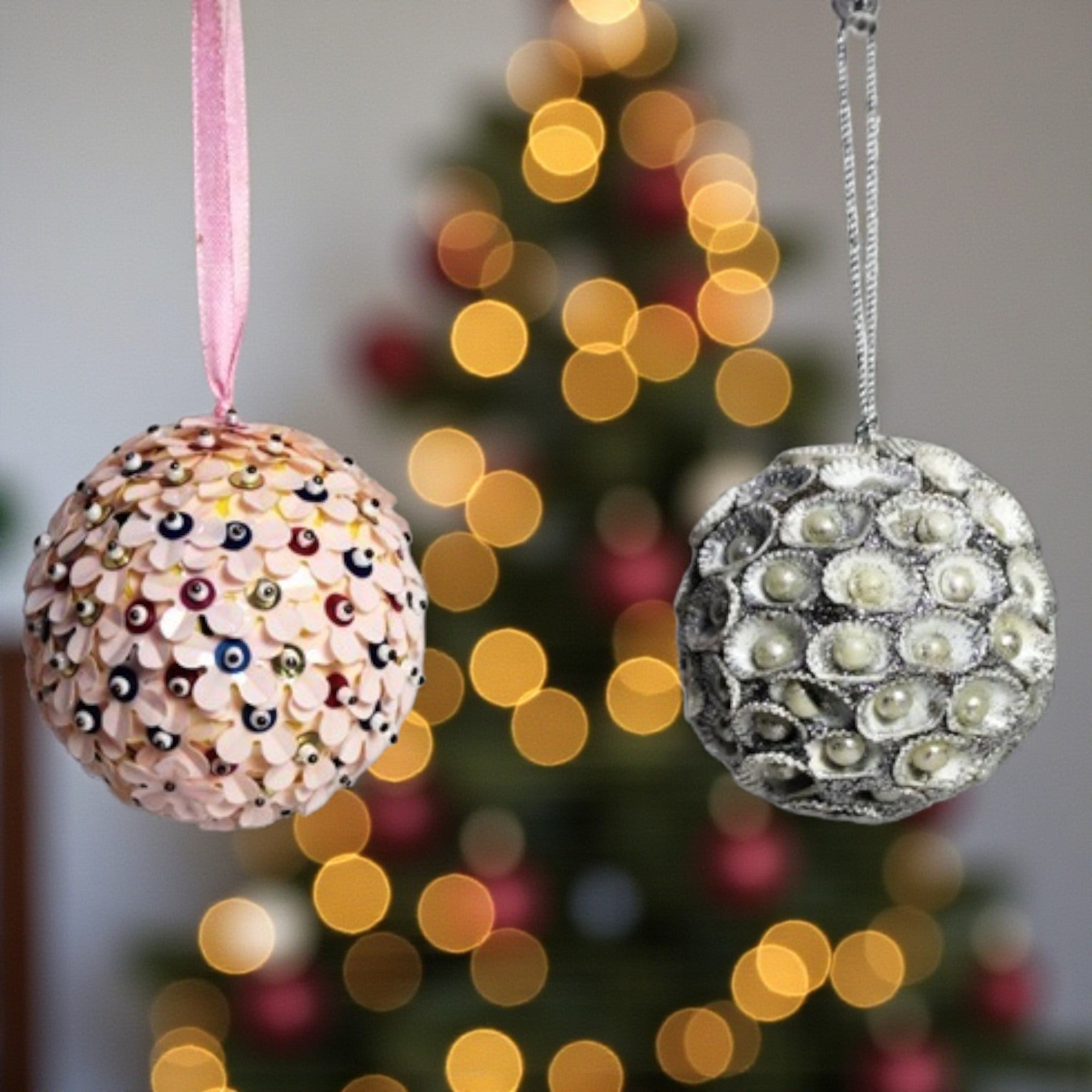  Set of 2 Pink & Silver Christmas Hanging Balls 
