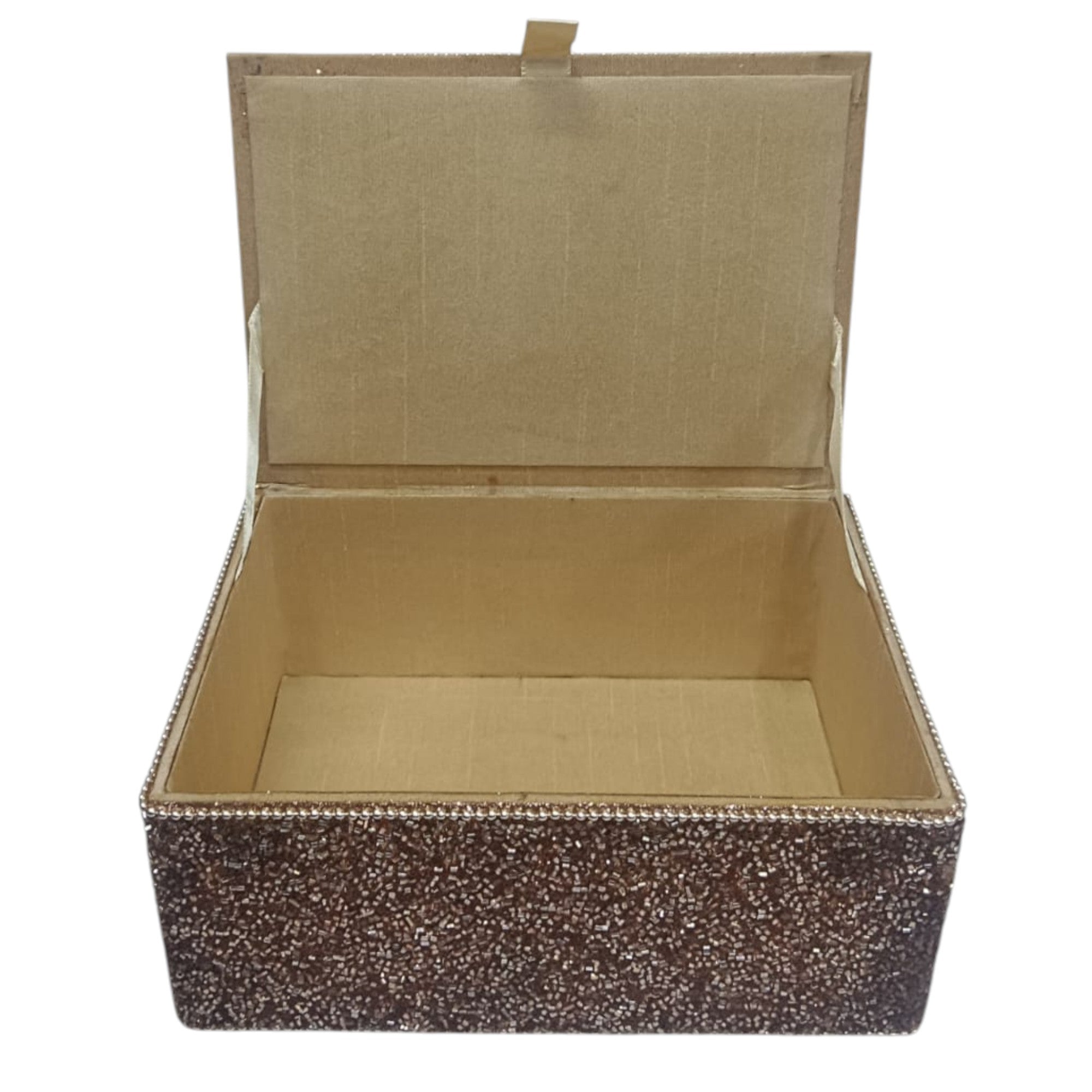 Sparkling Brown Jewelry Box with Pink Crystals and Gold Bead Patterns