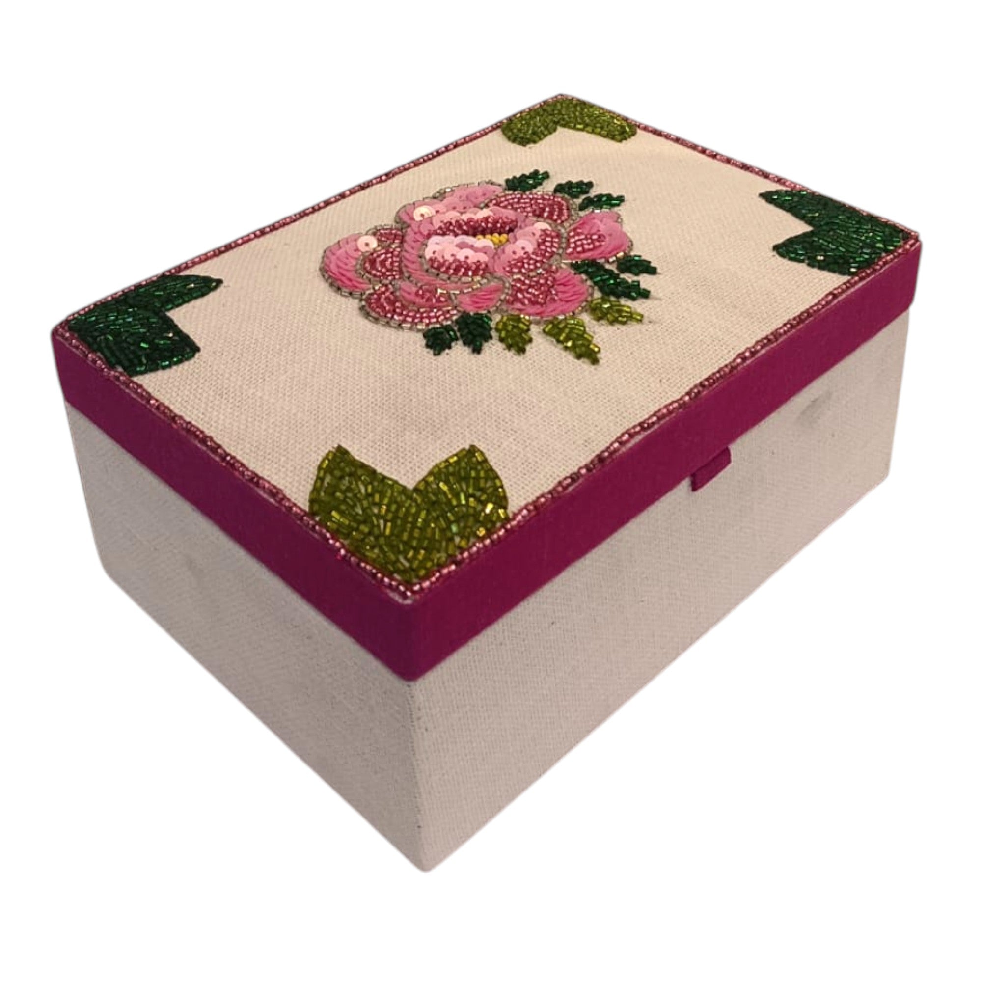 Artisan Beaded Keepsake Box – Hand-Embellished Floral Motif for Valentine
