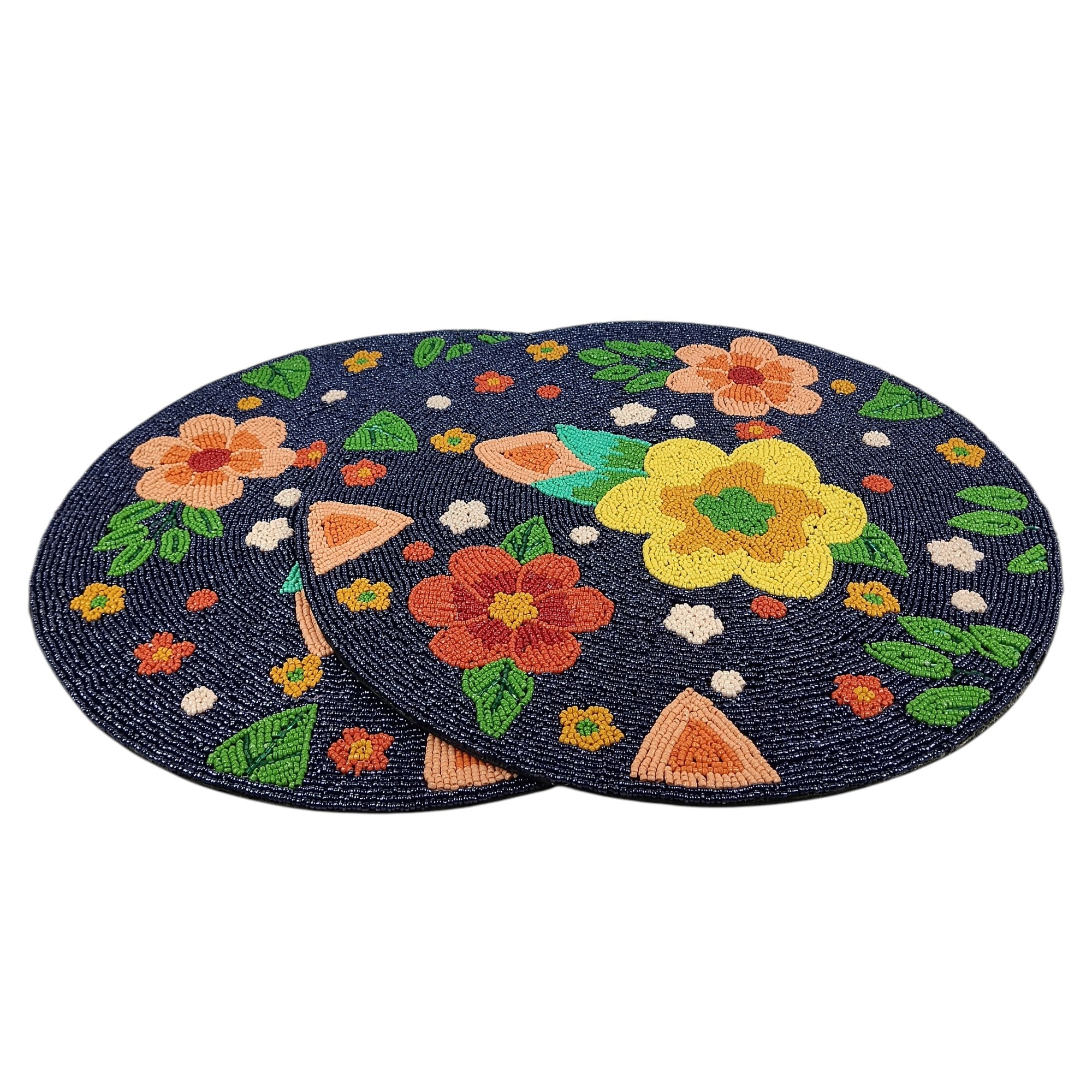 Round Beaded Floral Placemats Set of Two ( BLUE / MULTI)