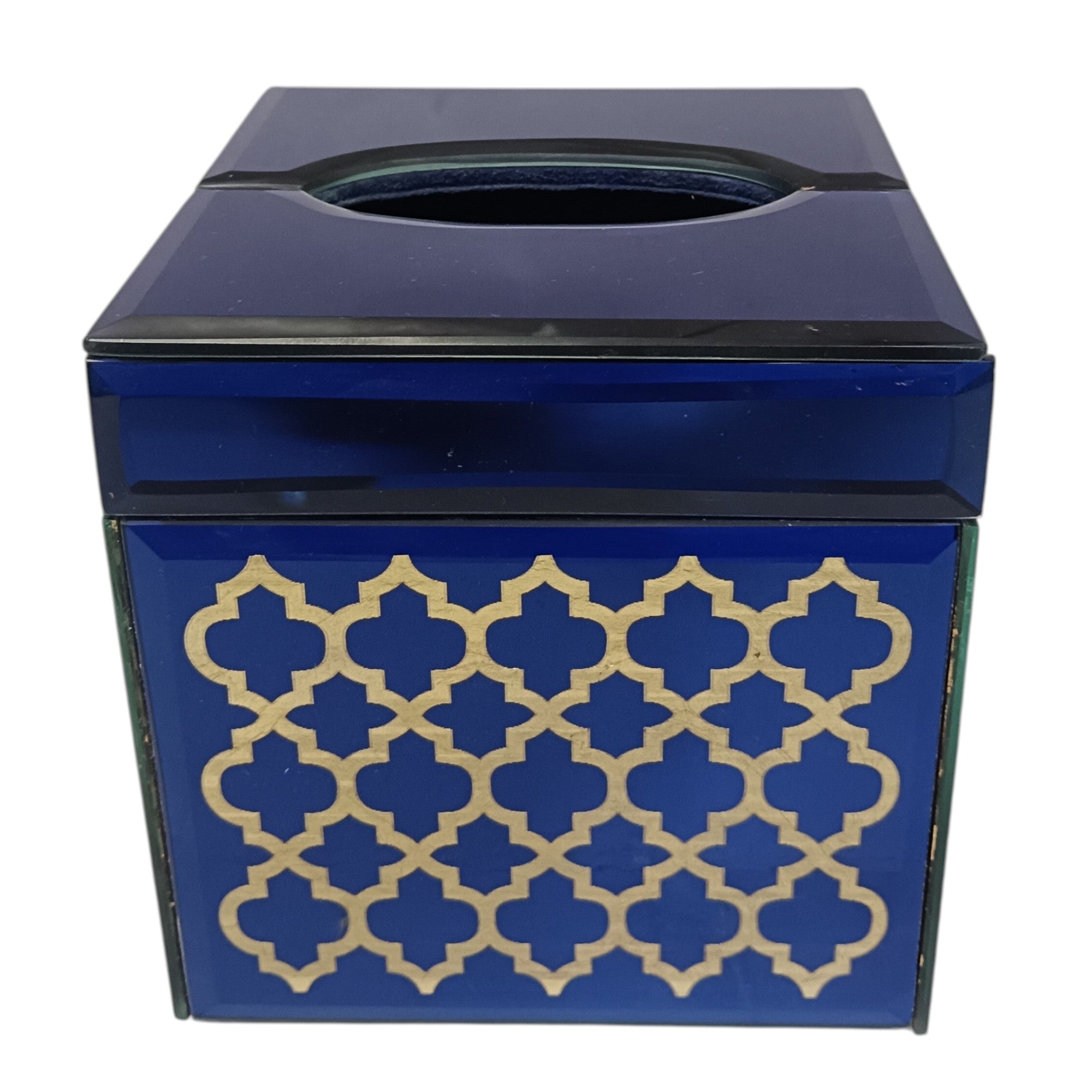 Premium Designer Blue Glass with Gold Work Square Tissue Box for Bathrooms
