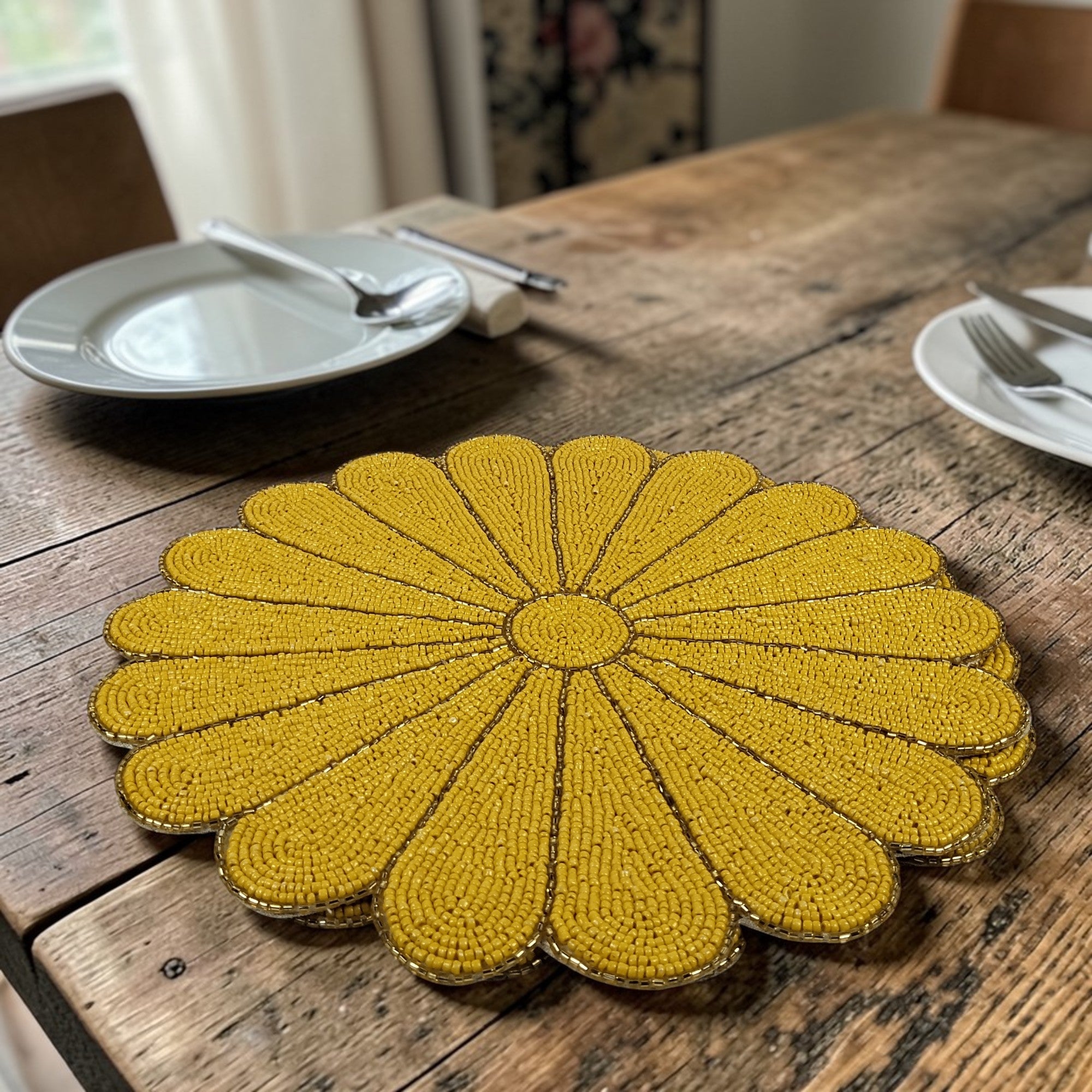  Flower Shape Bead Embroidered Placemats Set of Two (Yellow) 