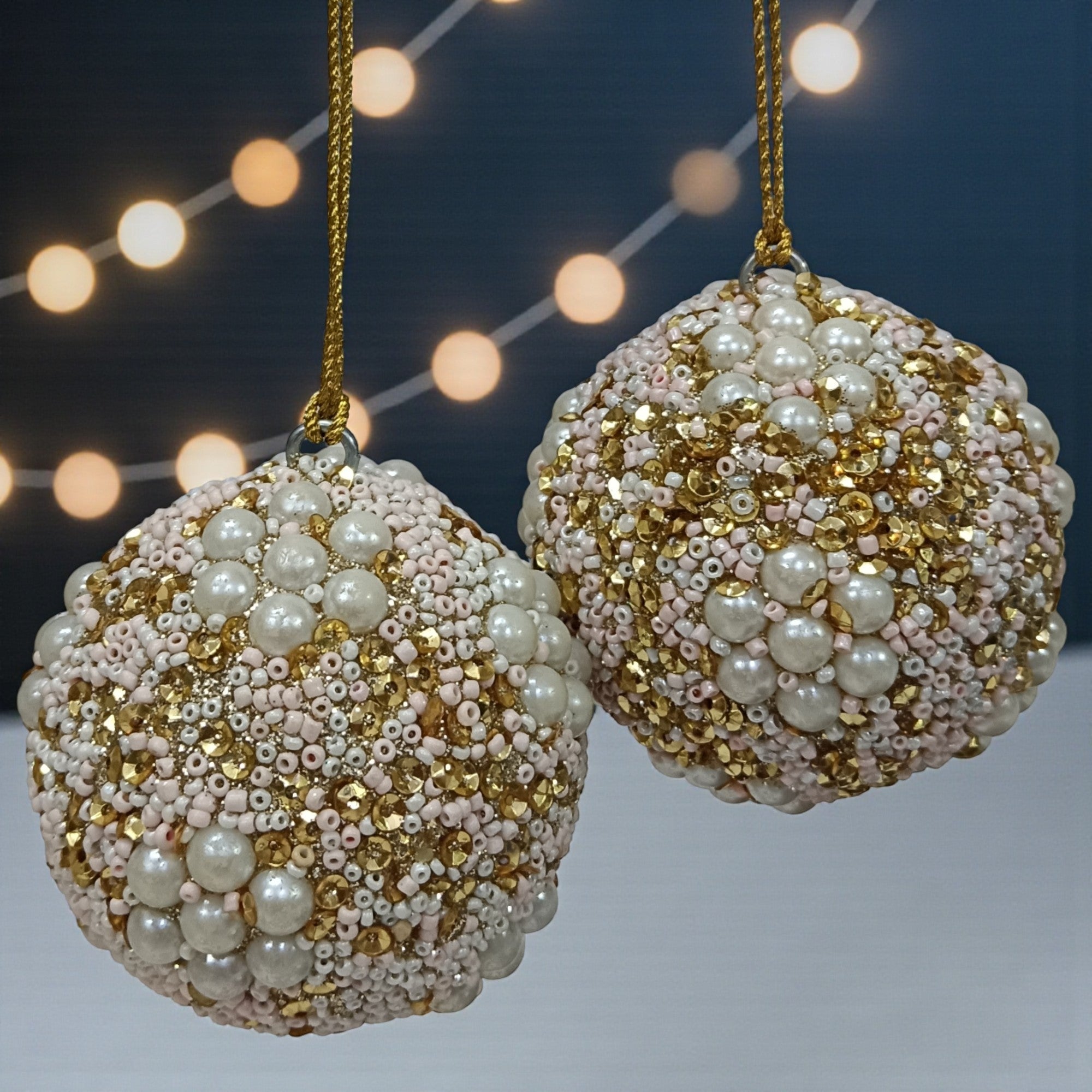 Set of 2 Glitter and Pearl Bead Balls Ornaments Balls Christmas Hangings