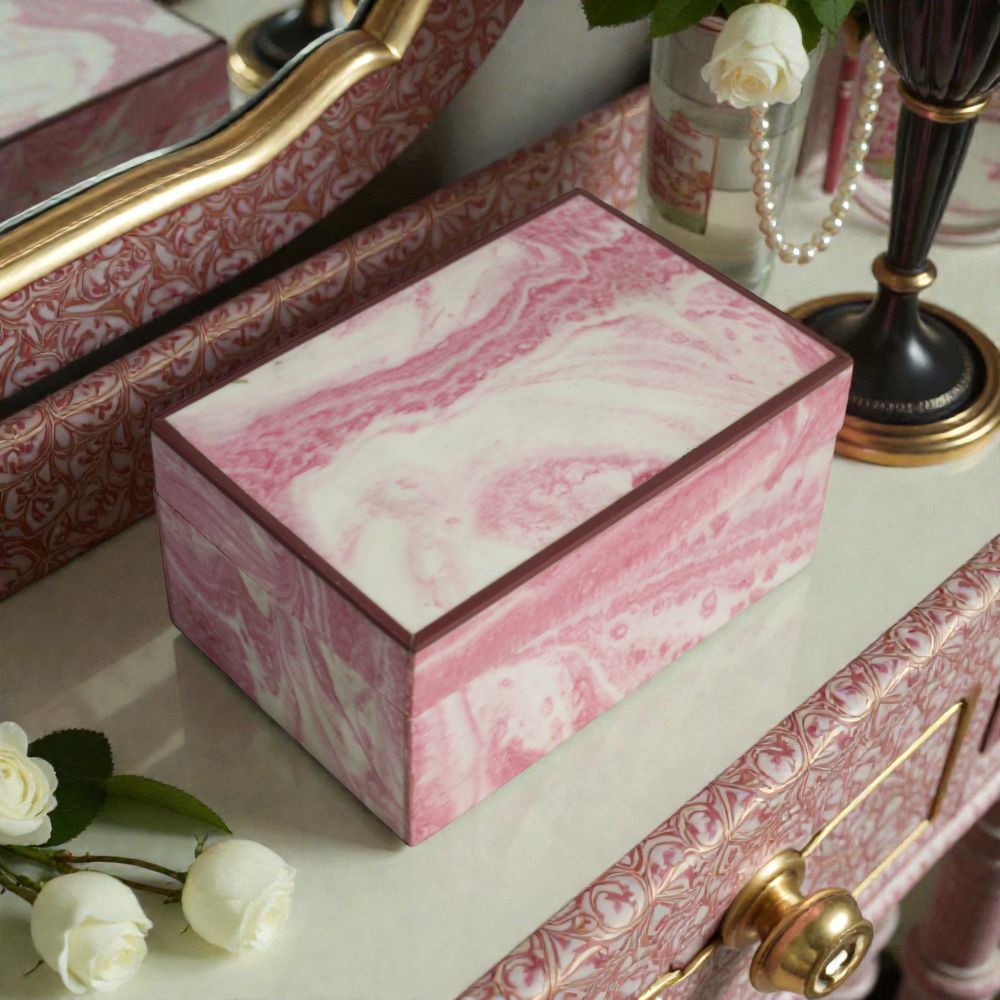 Rosewood & Blush Marbled Decorative Jewellery Box