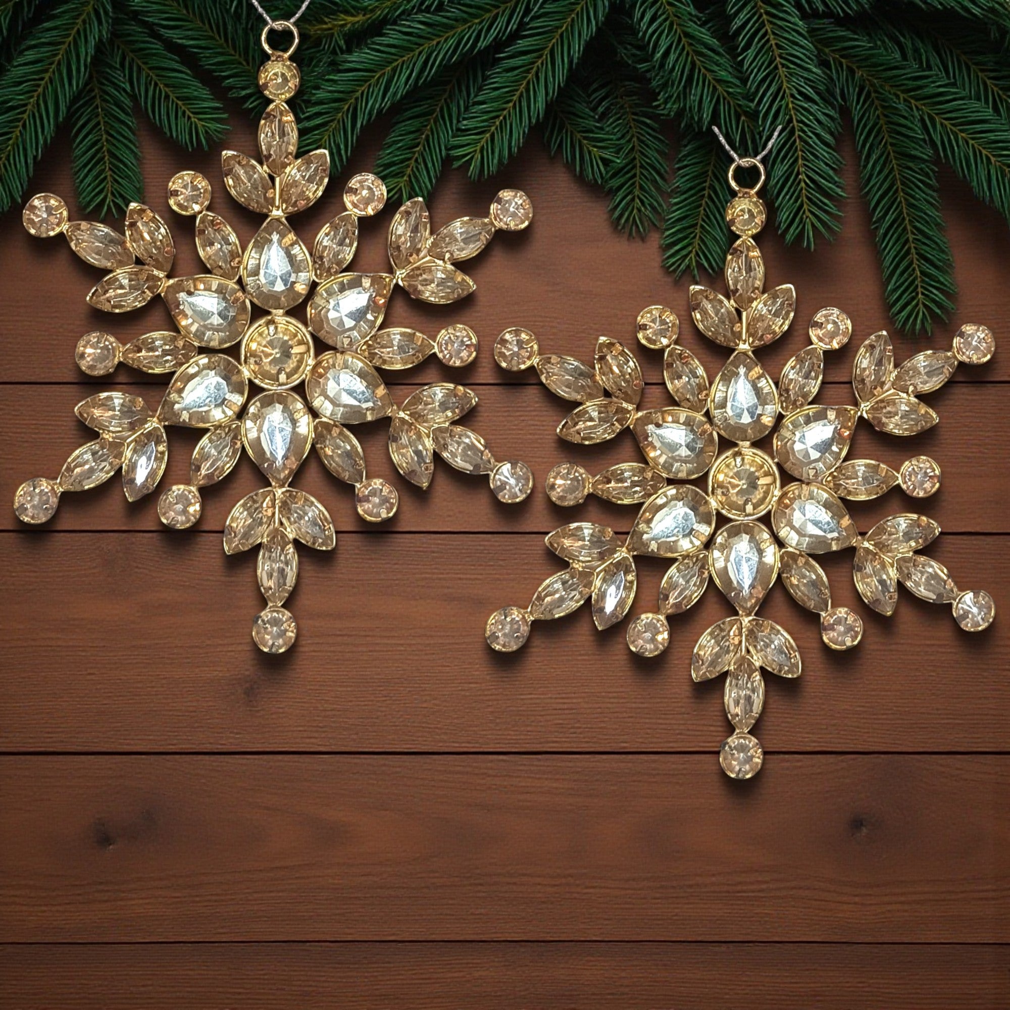 Set of 2 Jewelled Snowflake Hanging Ornaments for Christmas Tree
