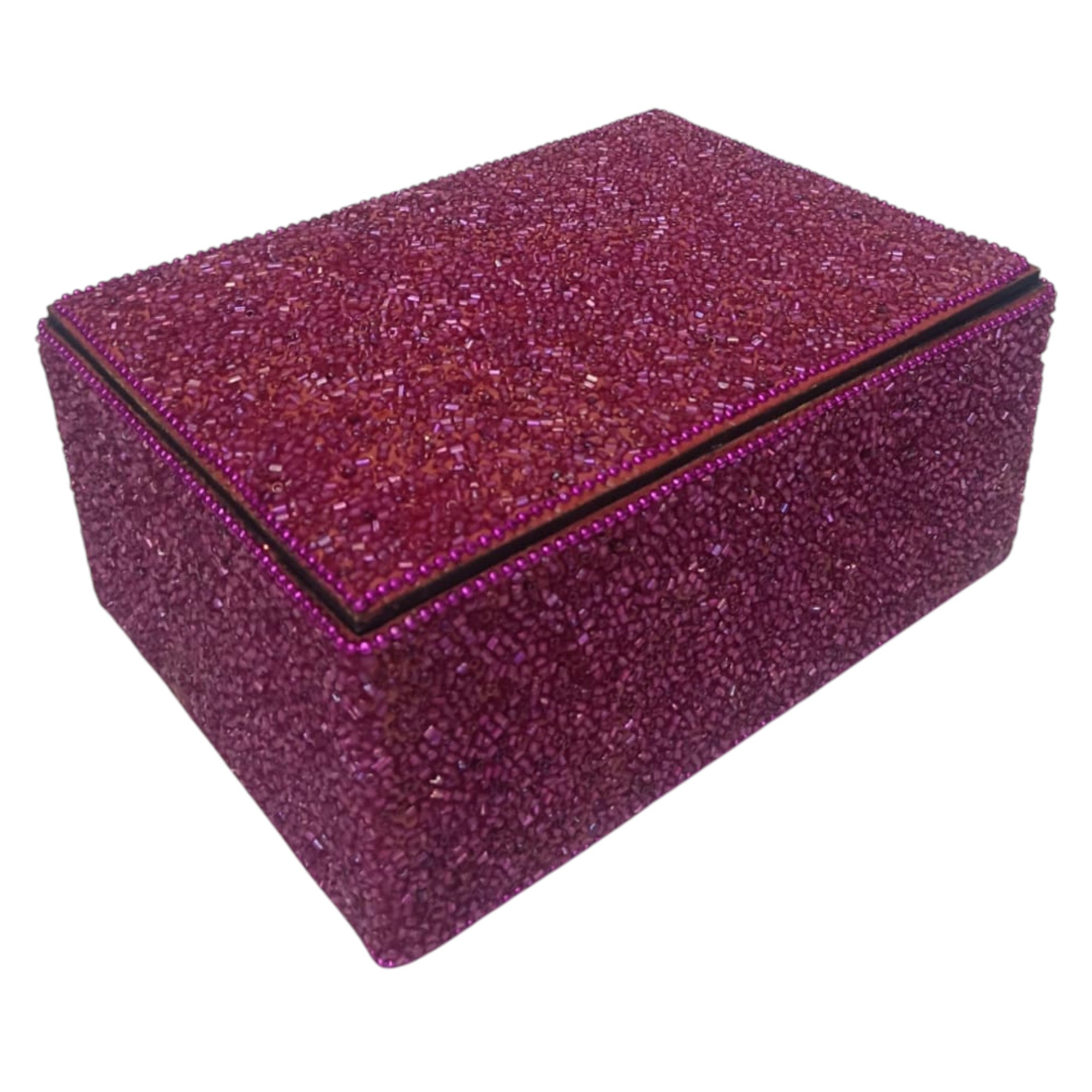 Hand-Beaded Jewelry Box with Deep Purple Trim