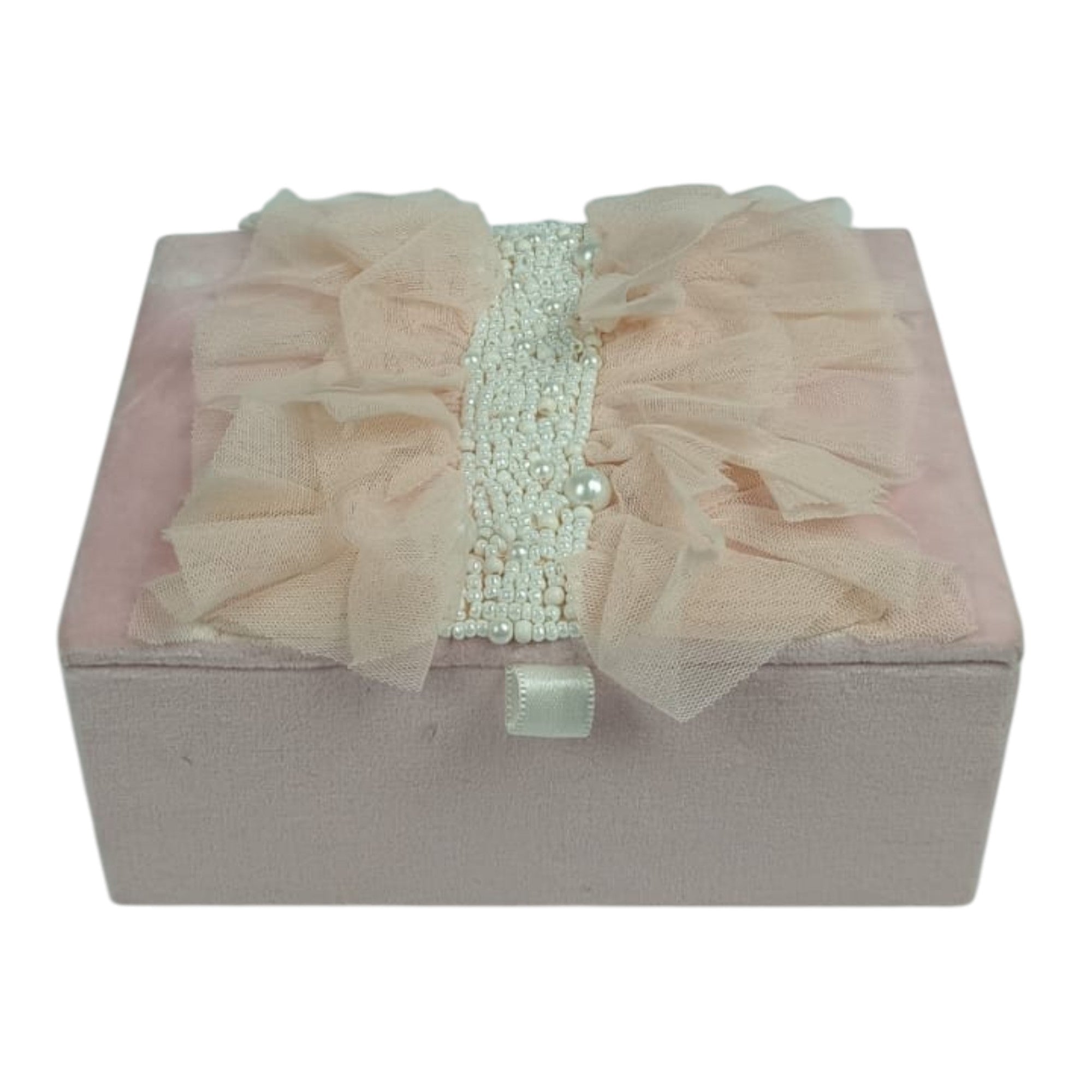Blush Pink Velvet Jewelry Box with Tulle Ruffle and Pearl Embellishments