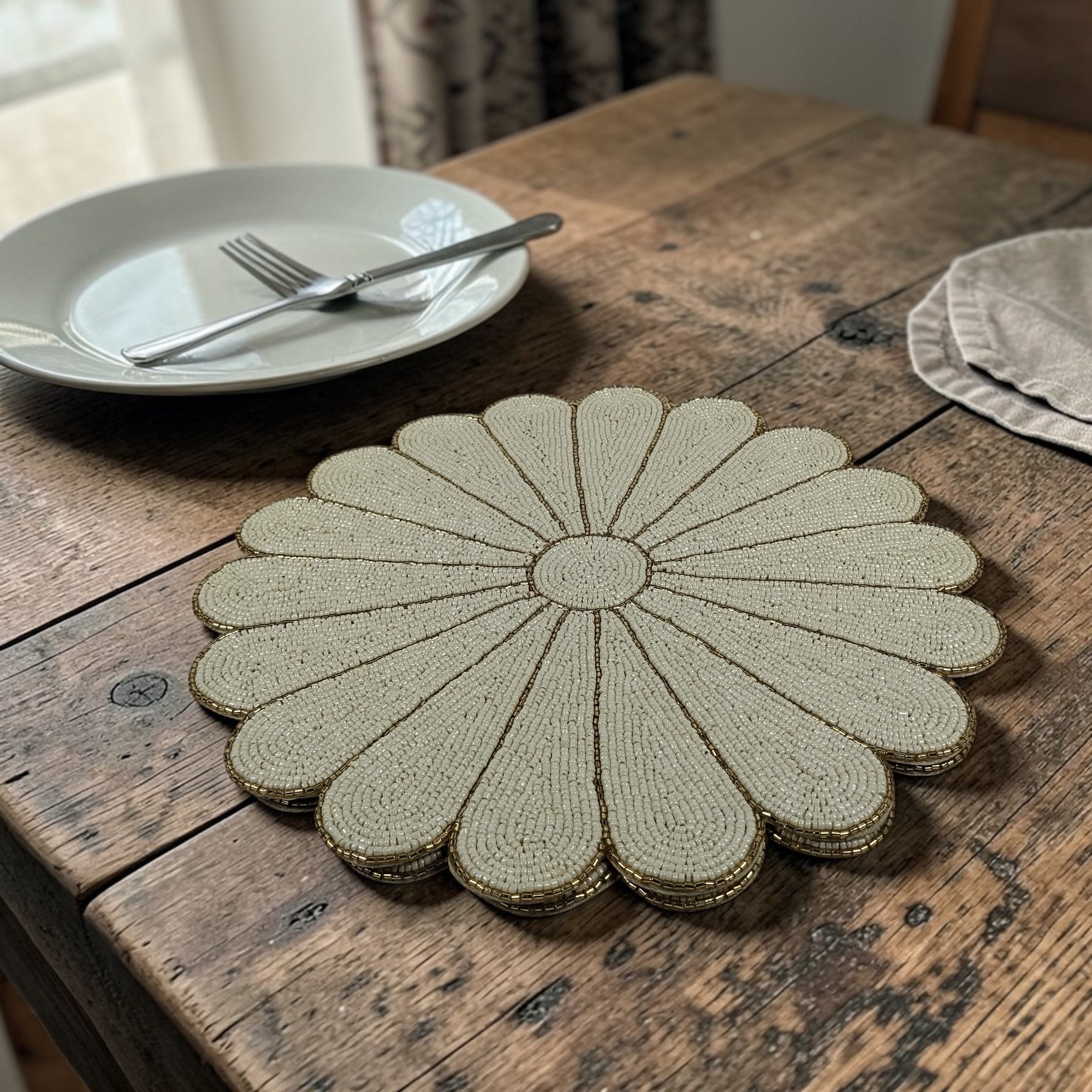 Flower Shape Bead Embroidered Placemats Set of Two