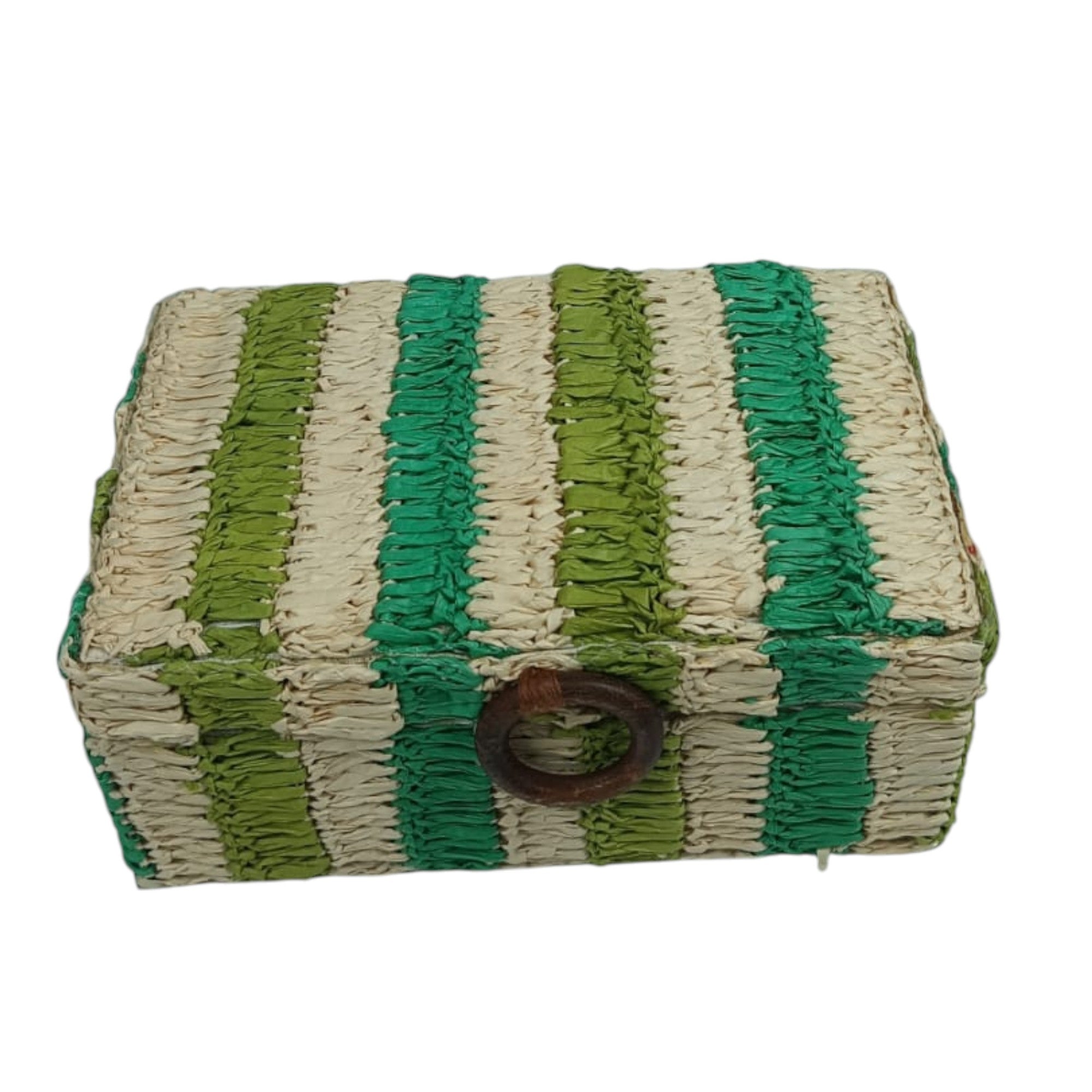 Hand-Woven Straw Storage Box with Green and Cream Stripes and Wooden Ring Closure