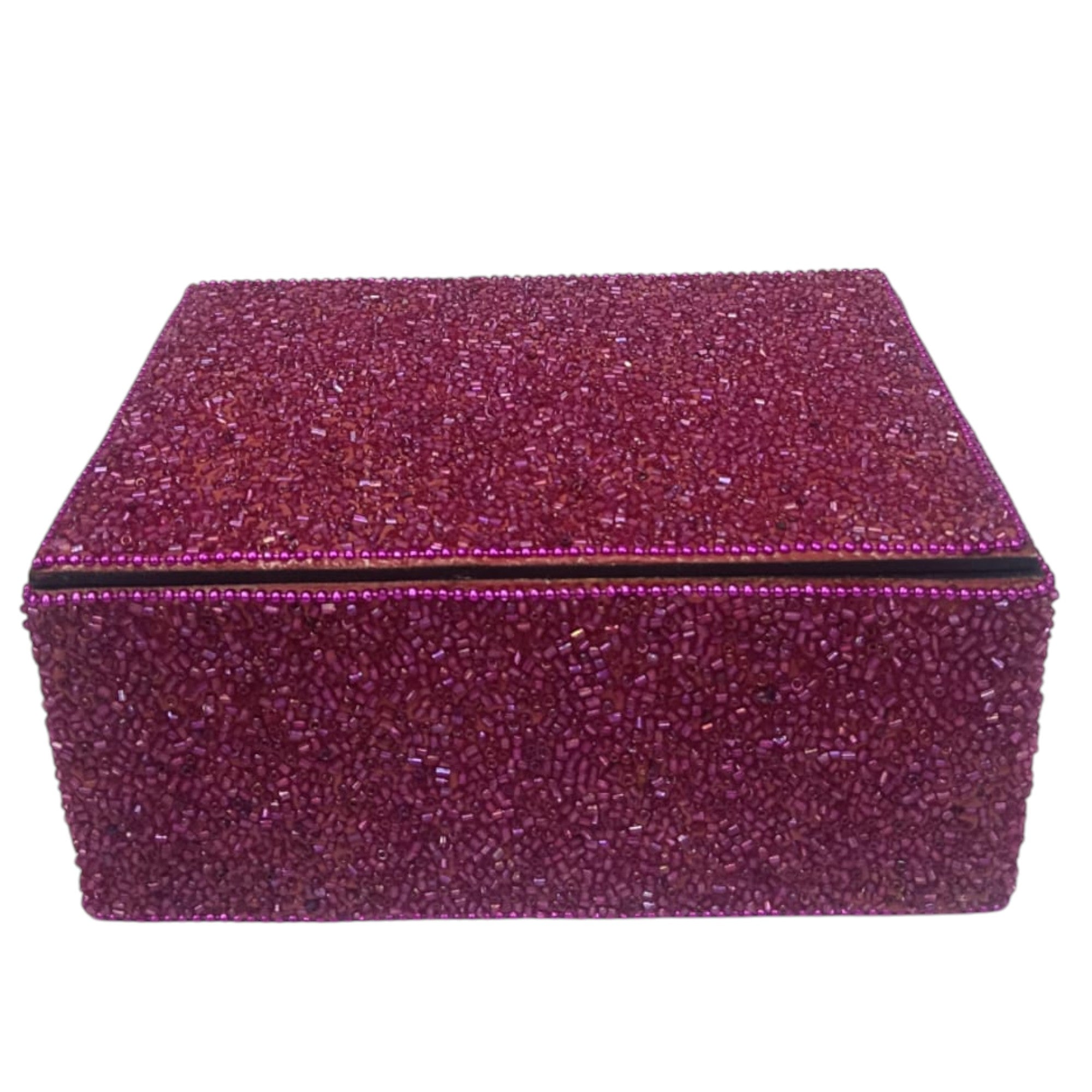 Hand-Beaded Jewelry Box with Deep Purple Trim
