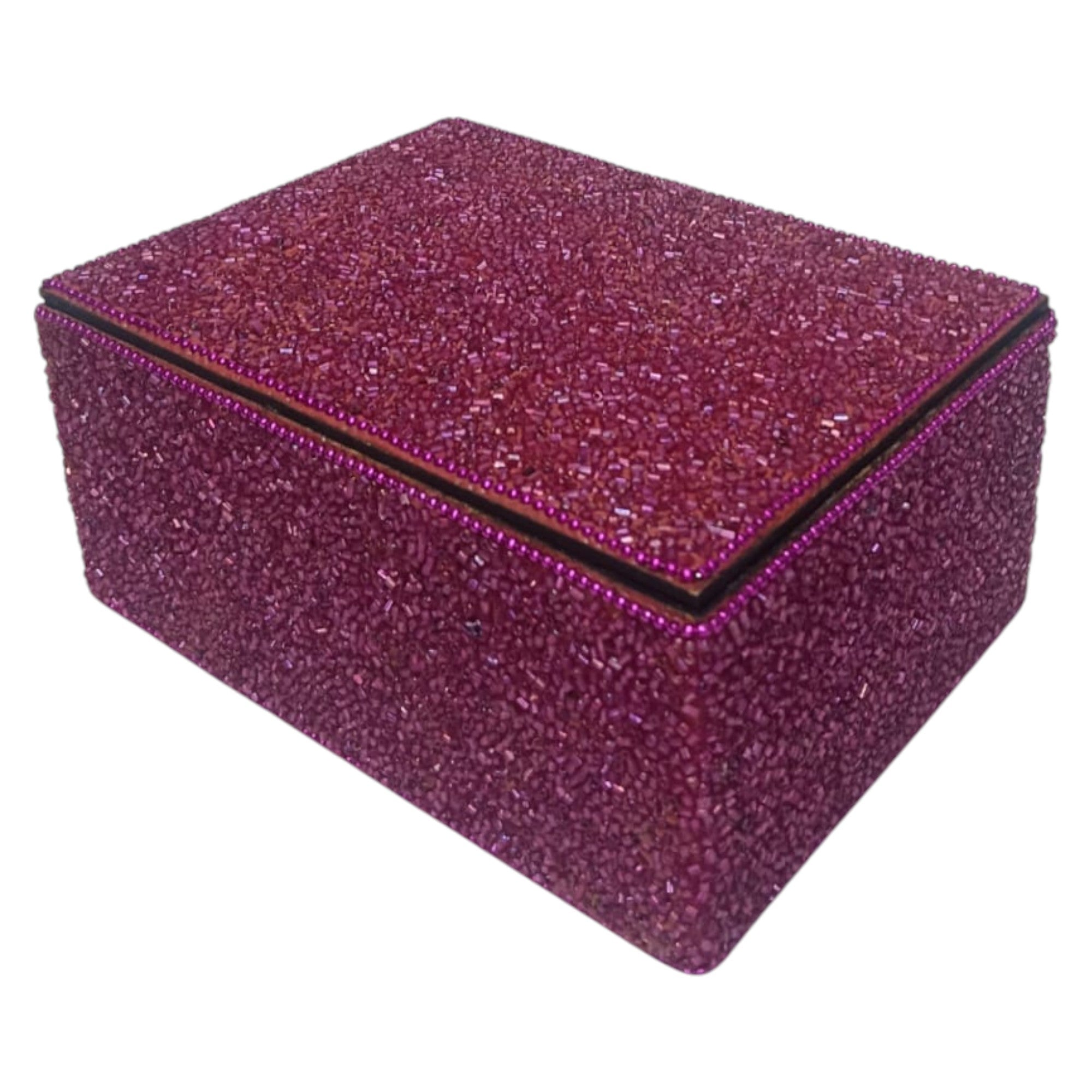 Hand-Beaded Jewelry Box with Deep Purple Trim