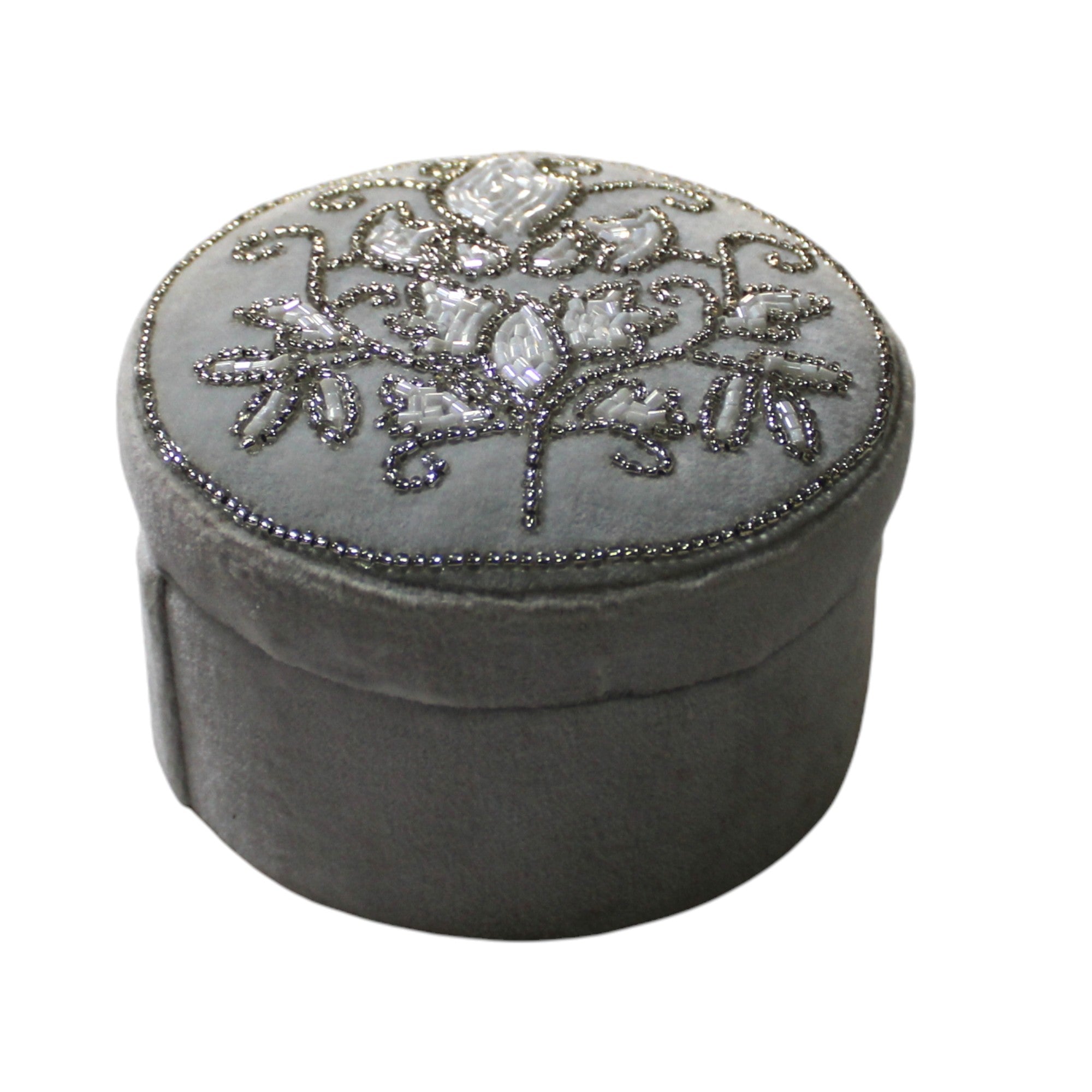  Hand-Beaded Floral Velvet Jewelry Box â€“ Dove Grey & Silver 