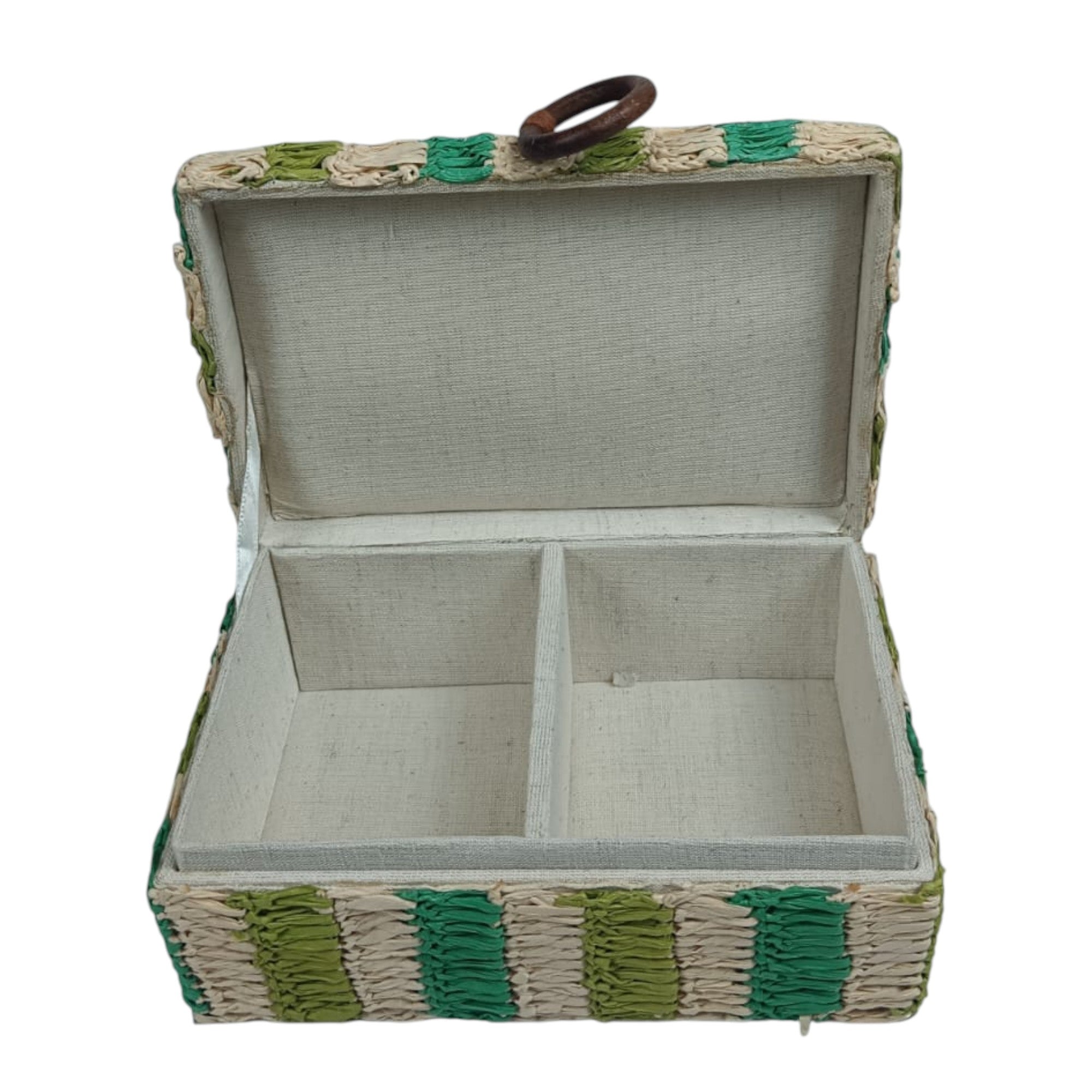 Hand-Woven Straw Storage Box with Green and Cream Stripes and Wooden Ring Closure