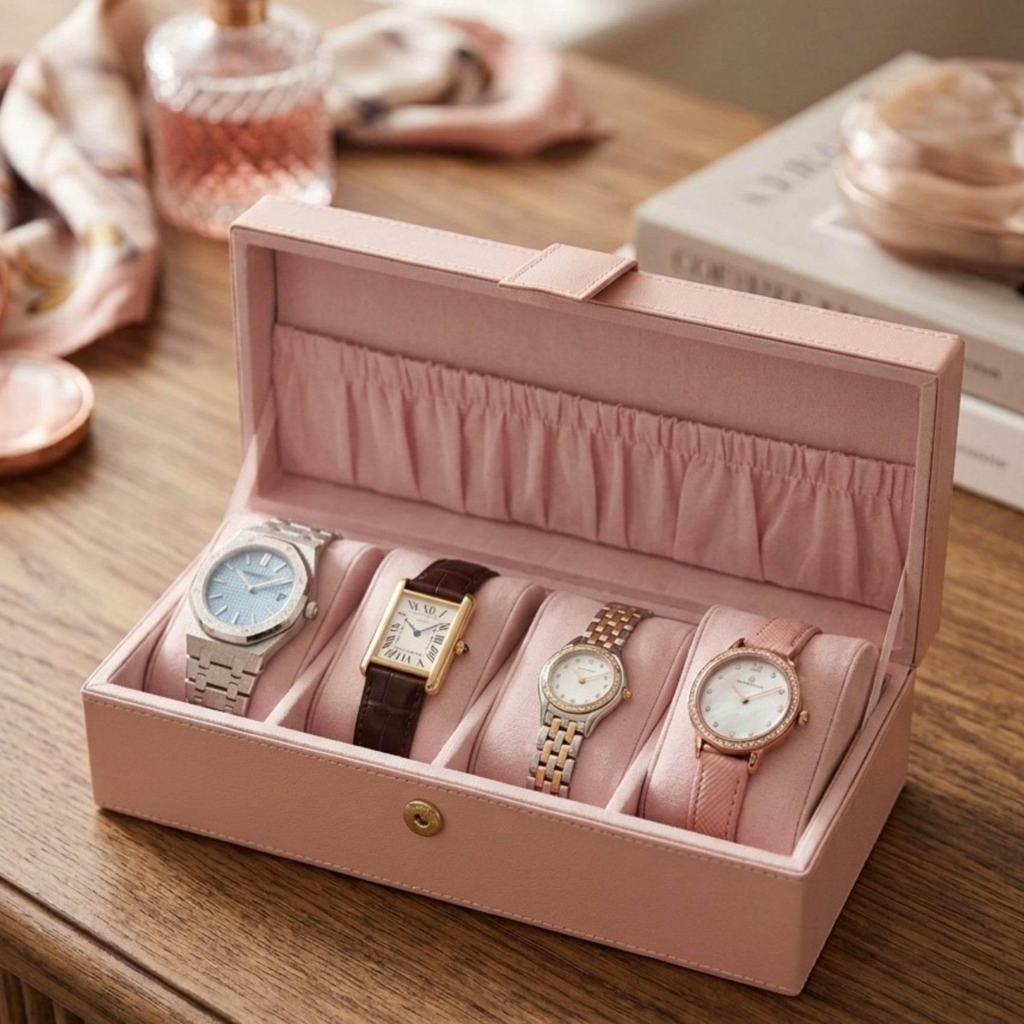  High-Quality Pink PU Watch Box with Four Compartments 