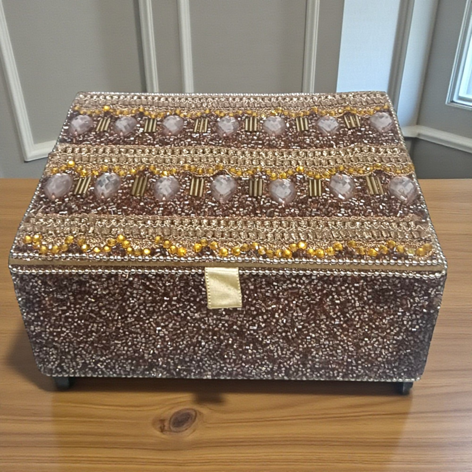 Sparkling Brown Jewelry Box with Pink Crystals and Gold Bead Patterns